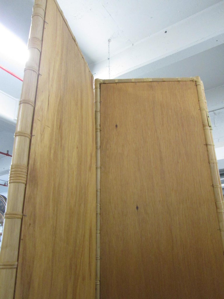 Mid-20th Century 1960s Three Panel Rattan and Mirror Floor Screen Room Divider For Sale