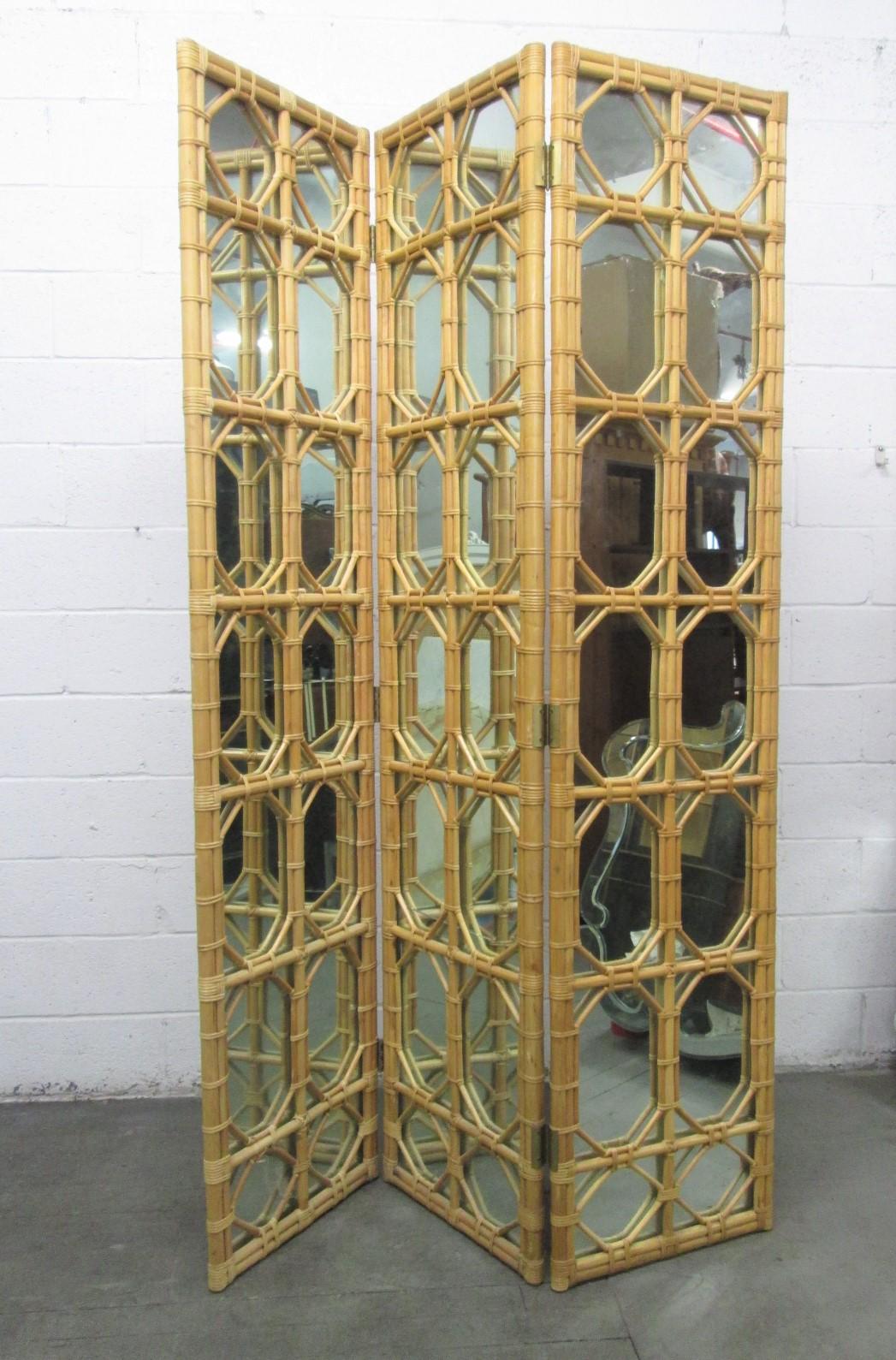1960s Three Panel Rattan and Mirror Floor Screen Room Divider For Sale 3