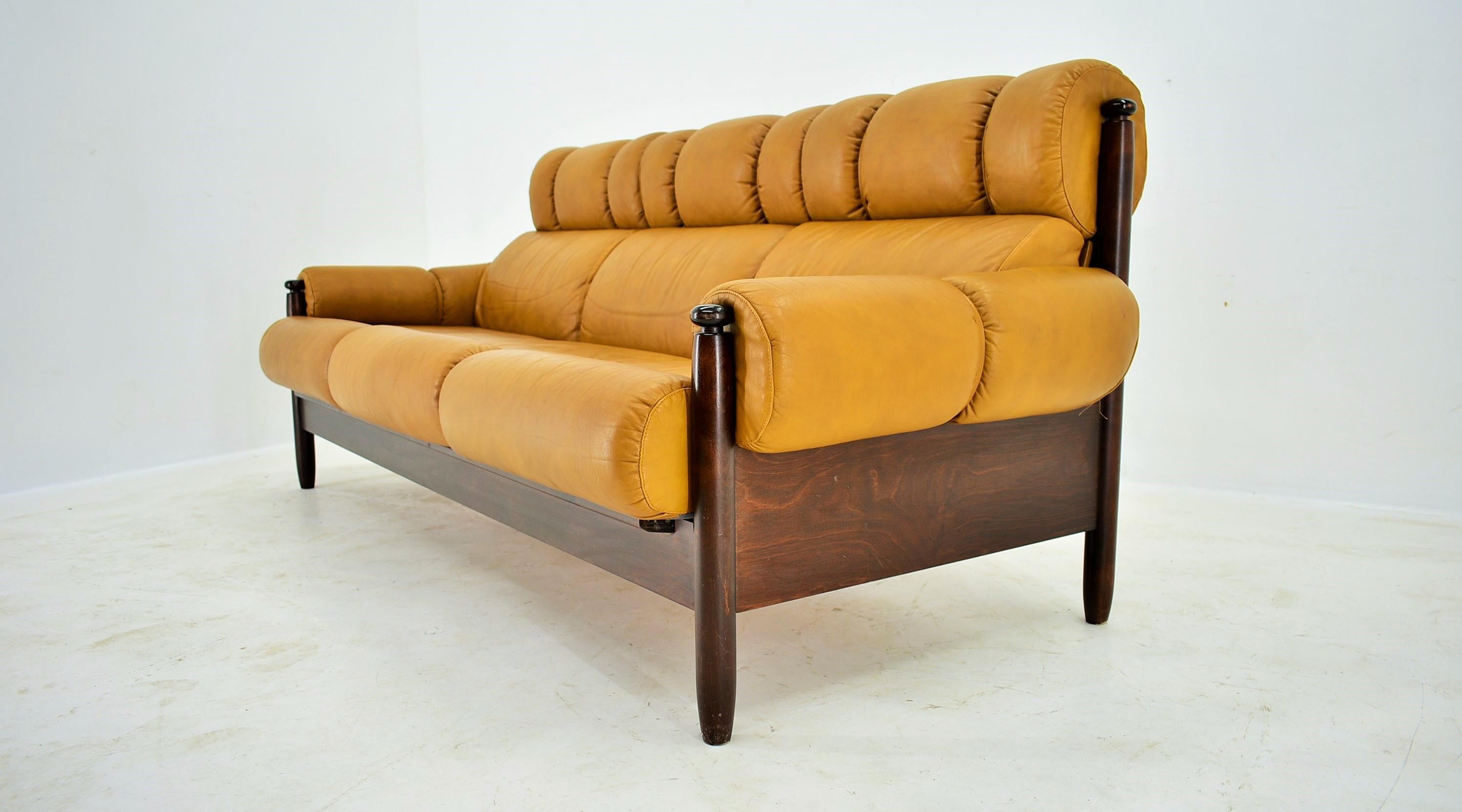 Mid-20th Century 1960s Three-Seat Leather Sofa, Czechoslovakia For Sale