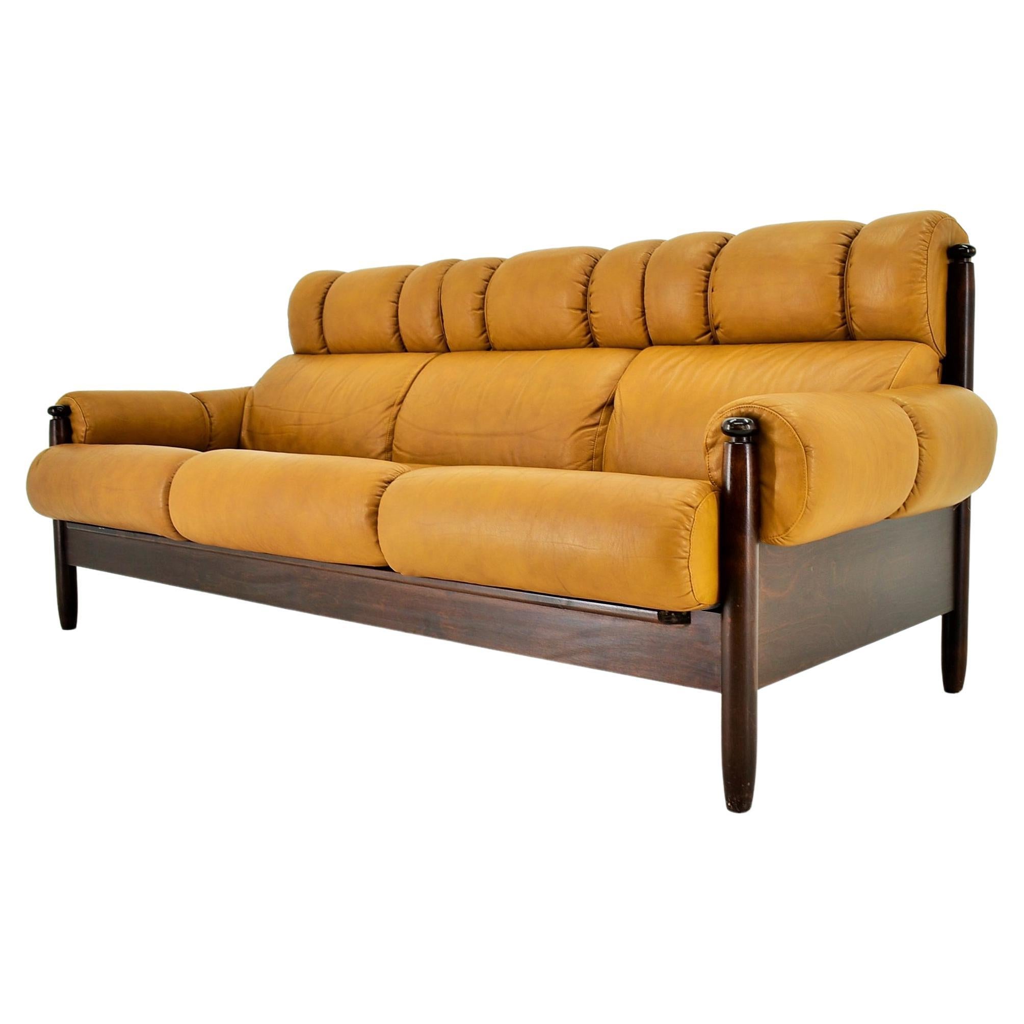 1960s Three-Seat Leather Sofa, Czechoslovakia For Sale