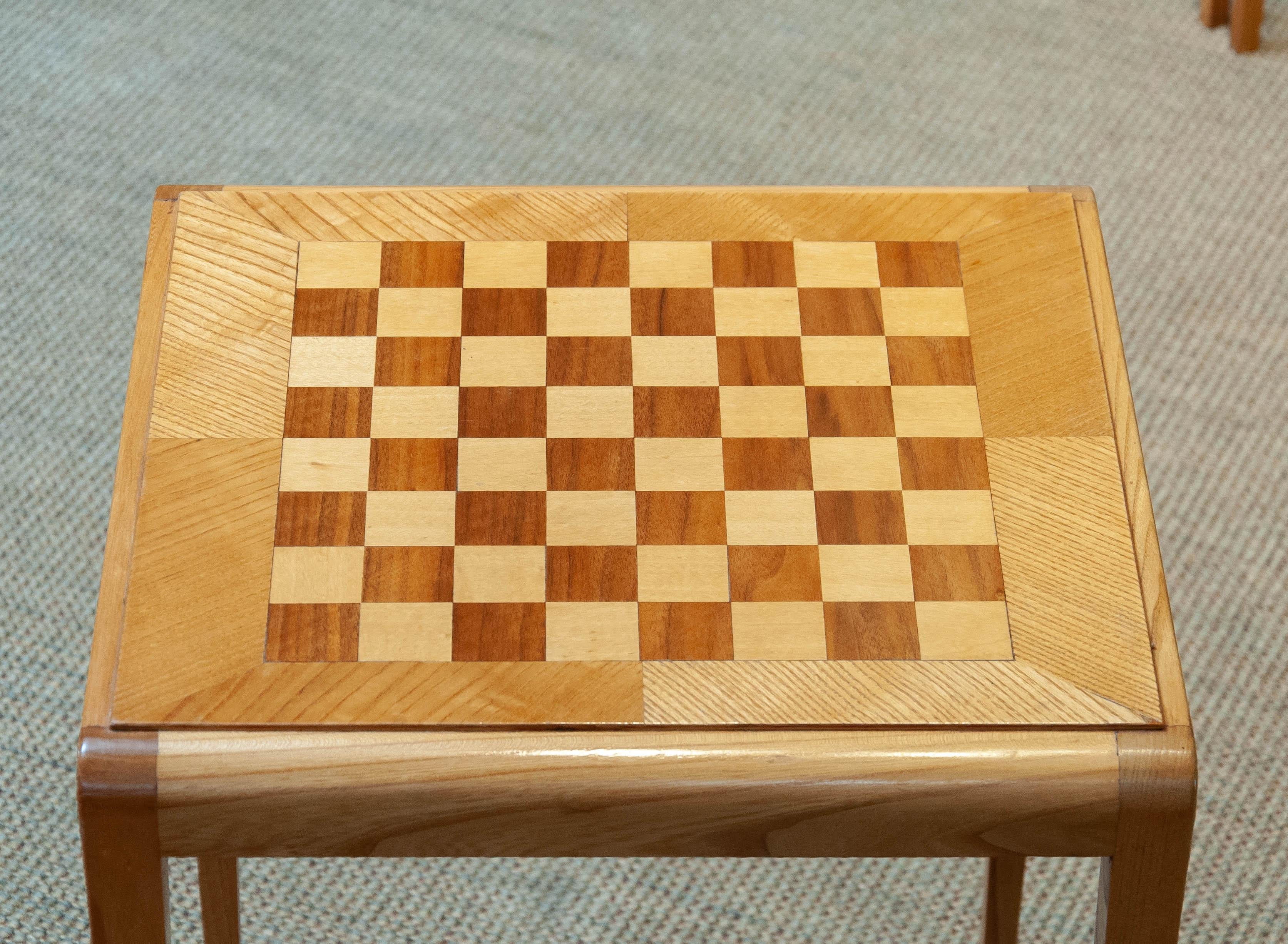 Scandinavian Modern 1960s Three Slim Oak Inlayed Nesting Tables One is a Game Table Chess Board