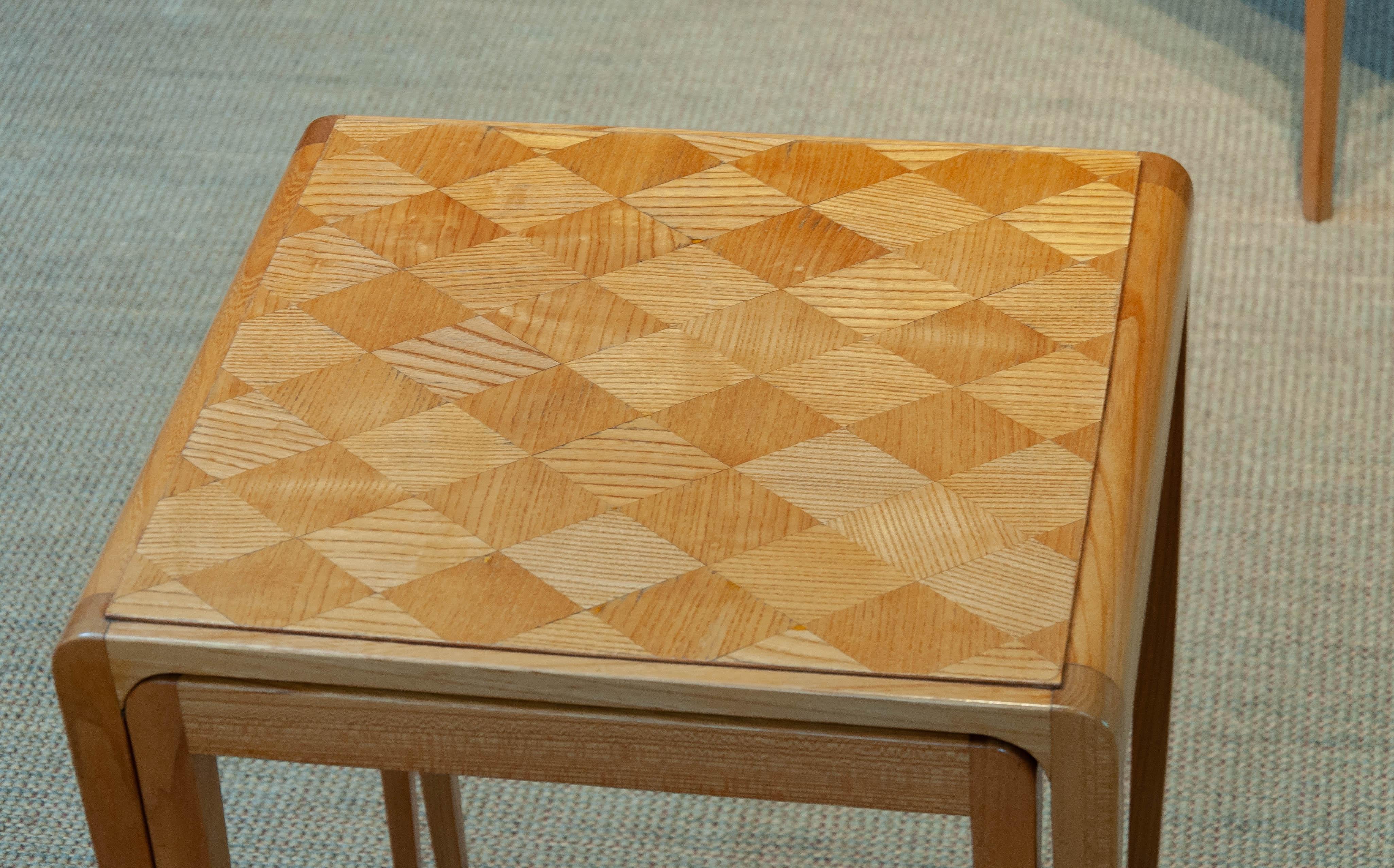 Swedish 1960s Three Slim Oak Inlayed Nesting Tables One is a Game Table Chess Board