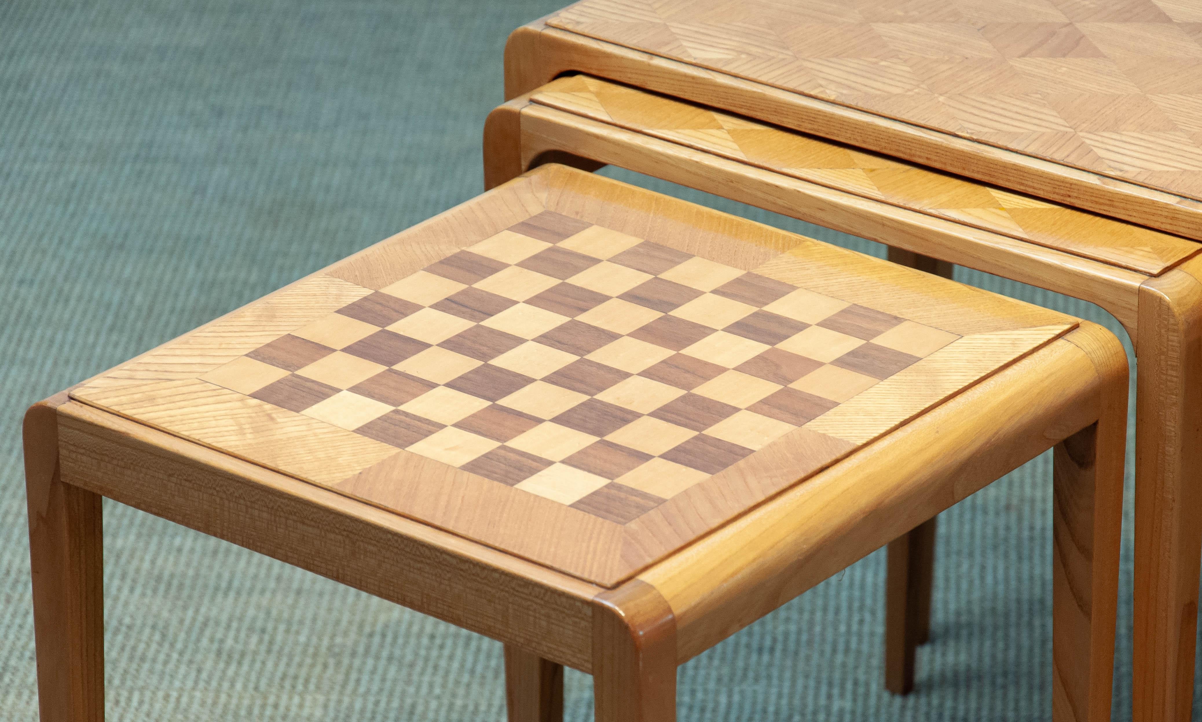 Mid-20th Century 1960s Three Slim Oak Inlayed Nesting Tables One is a Game Table Chess Board