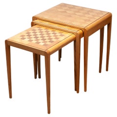 1960s Three Slim Oak Inlayed Nesting Tables One is a Game Table Chess Board