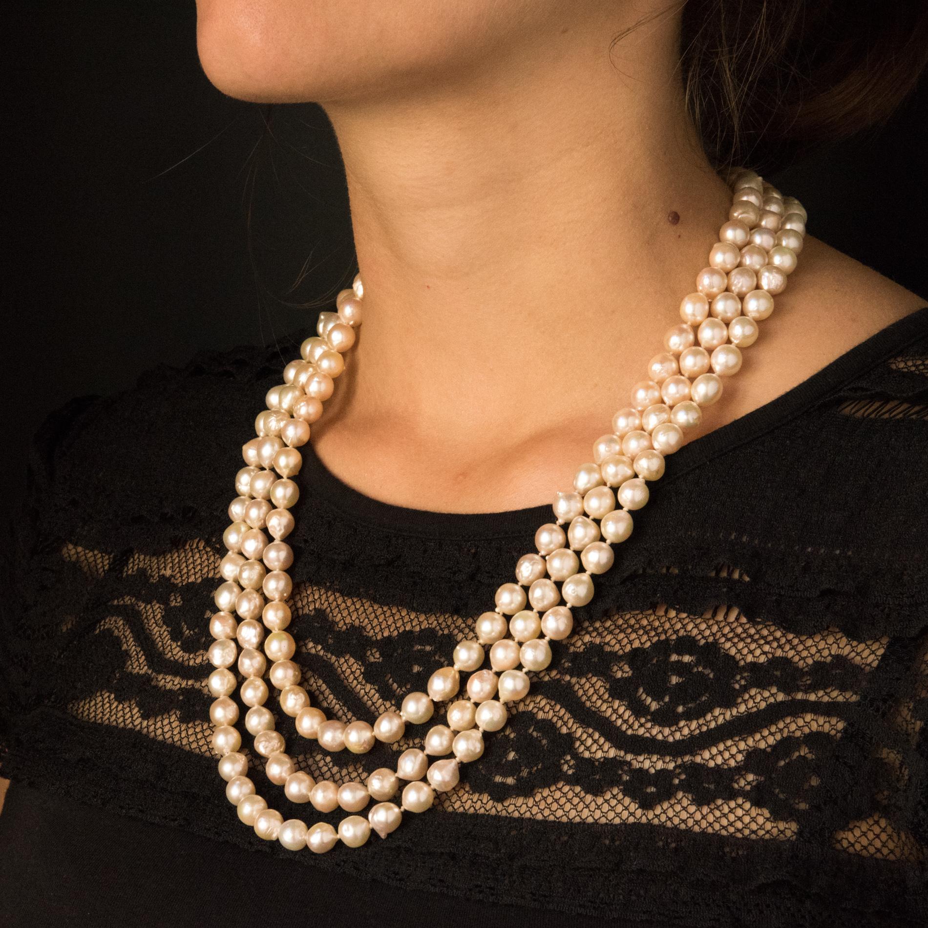 Retro 1960s Three-Strand Baroque Cultured Pearl Necklace