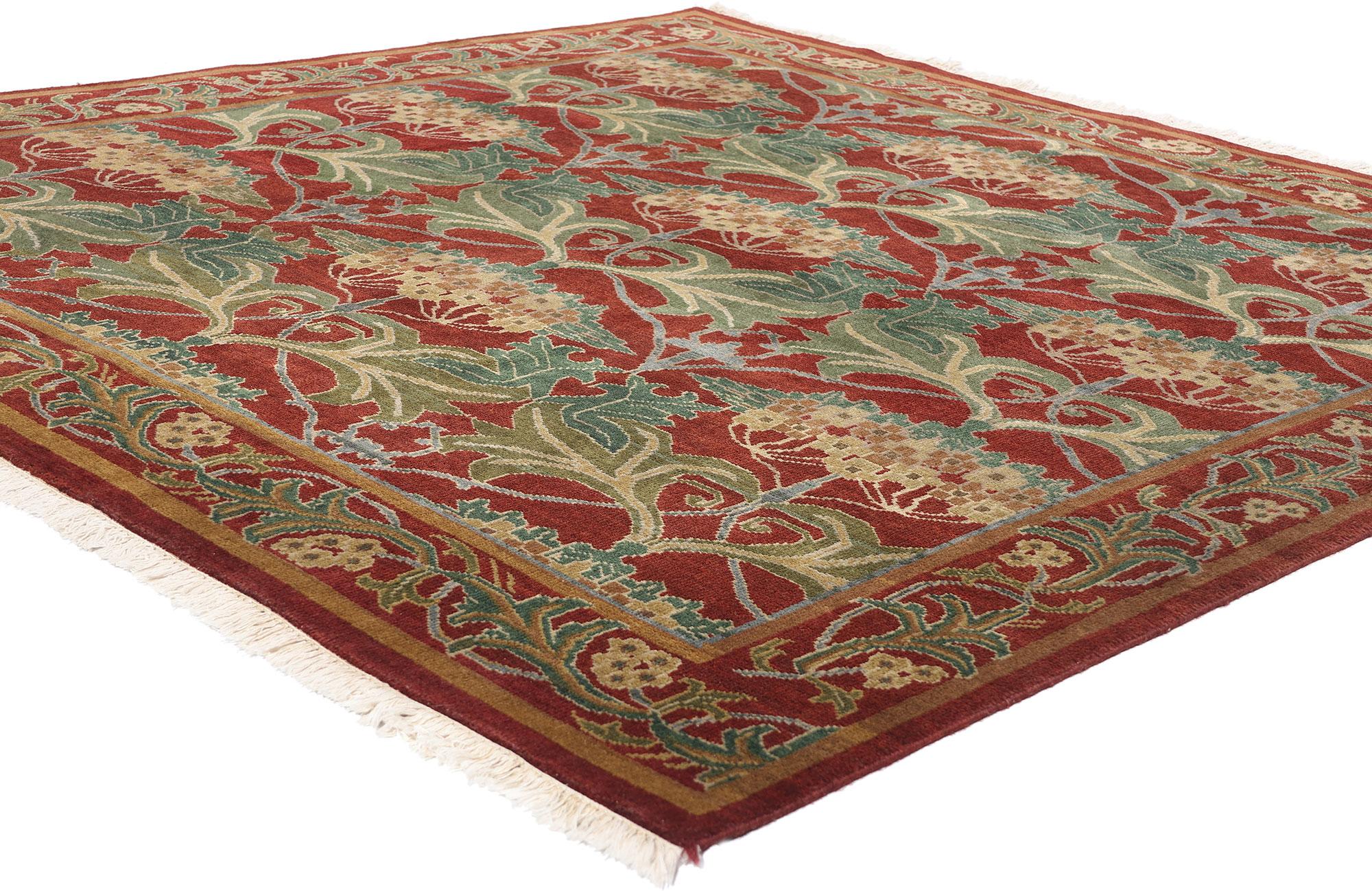 79148 Vintage Tibetan Arts & Crafts Style Square Area Rug, 06'08 x 06'10. This hand-knotted wool vintage Tibetan Arts & Crafts style rug, inspired by the visionary designs of William Morris and C.F.A. Voysey, is a mesmerizing tribute to the harmony