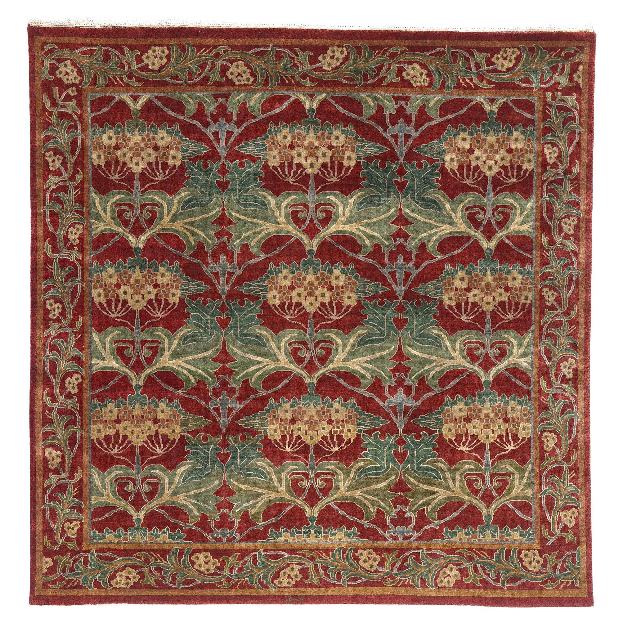 1960's Tibetan Arts & Crafts Style Square Carpet Inspired by William Morris