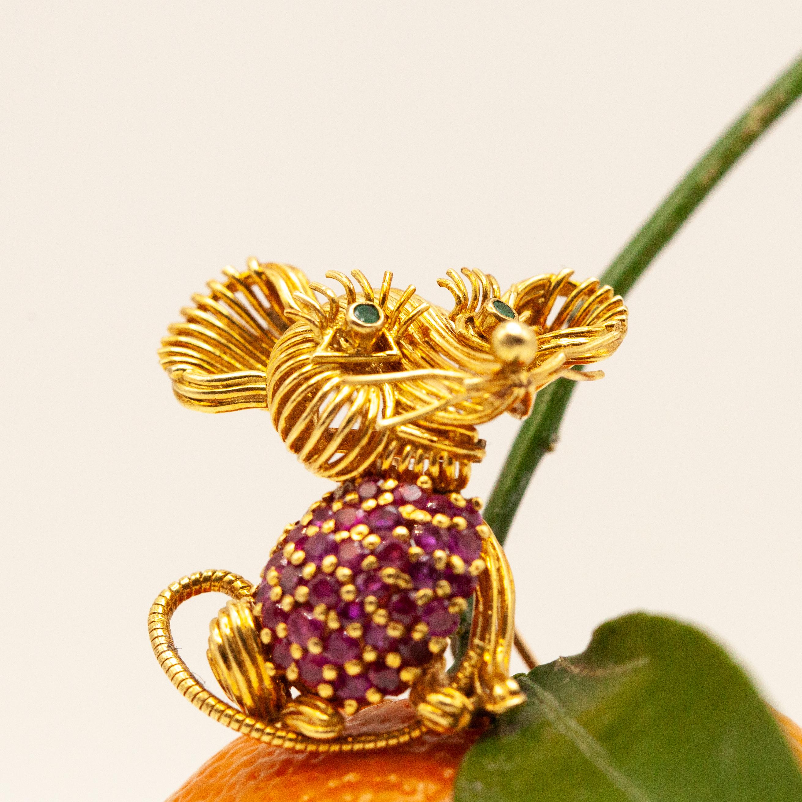 Modern 1960s Tiffany & Co. 18K Yellow Gold Ruby Emerald Mouse Brooch