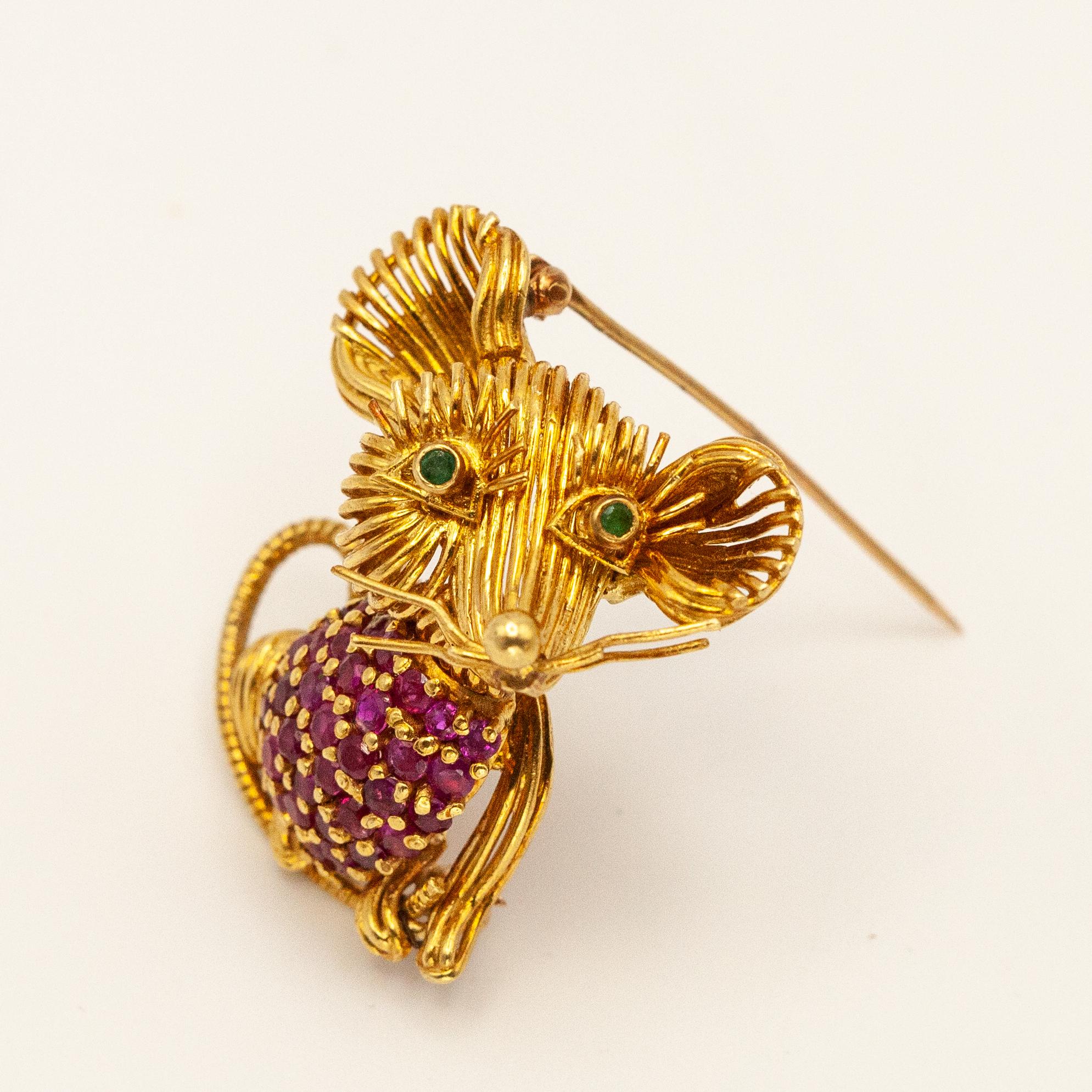 Round Cut 1960s Tiffany & Co. 18K Yellow Gold Ruby Emerald Mouse Brooch