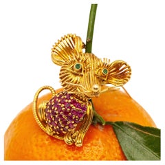 1960s Tiffany & Co. 18K Yellow Gold Ruby Emerald Mouse Brooch