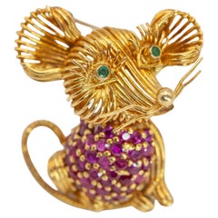 1960s Tiffany & Co. 18K Yellow Gold Ruby Emerald Mouse Brooch