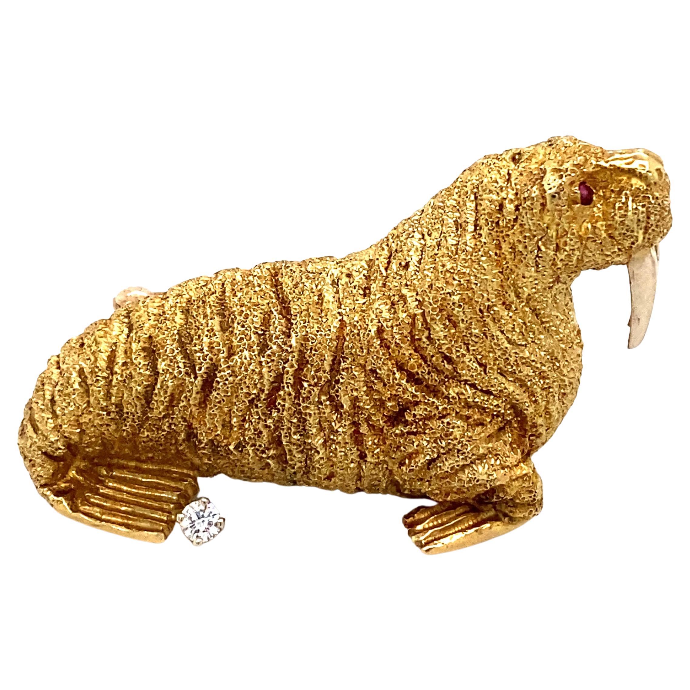 1960s Tiffany & Co. Diamond and Ruby Walrus Brooch in 18 Karat Gold For Sale