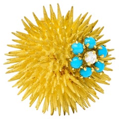1960's Tiffany & Co. Diamond Turquoise 18 Karat Gold Sea Urchin Brooch