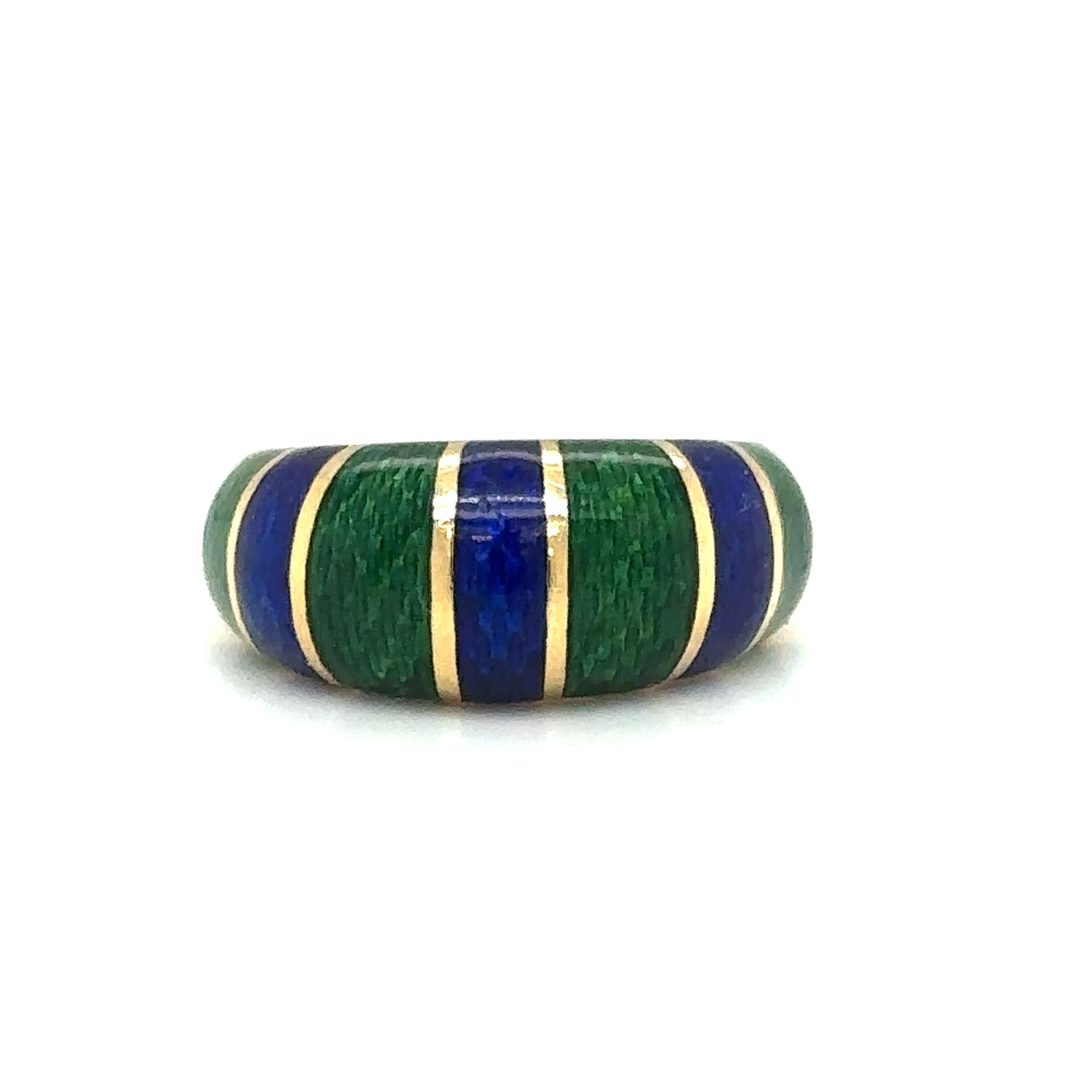 Item Details: This band by TIFFANY & CO. has green and blue enameling on a dome style band.

Circa: 1960s
Metal Type: 18 karat yellow gold
Weight: 5.4 grams
Size: US 6, resizable

