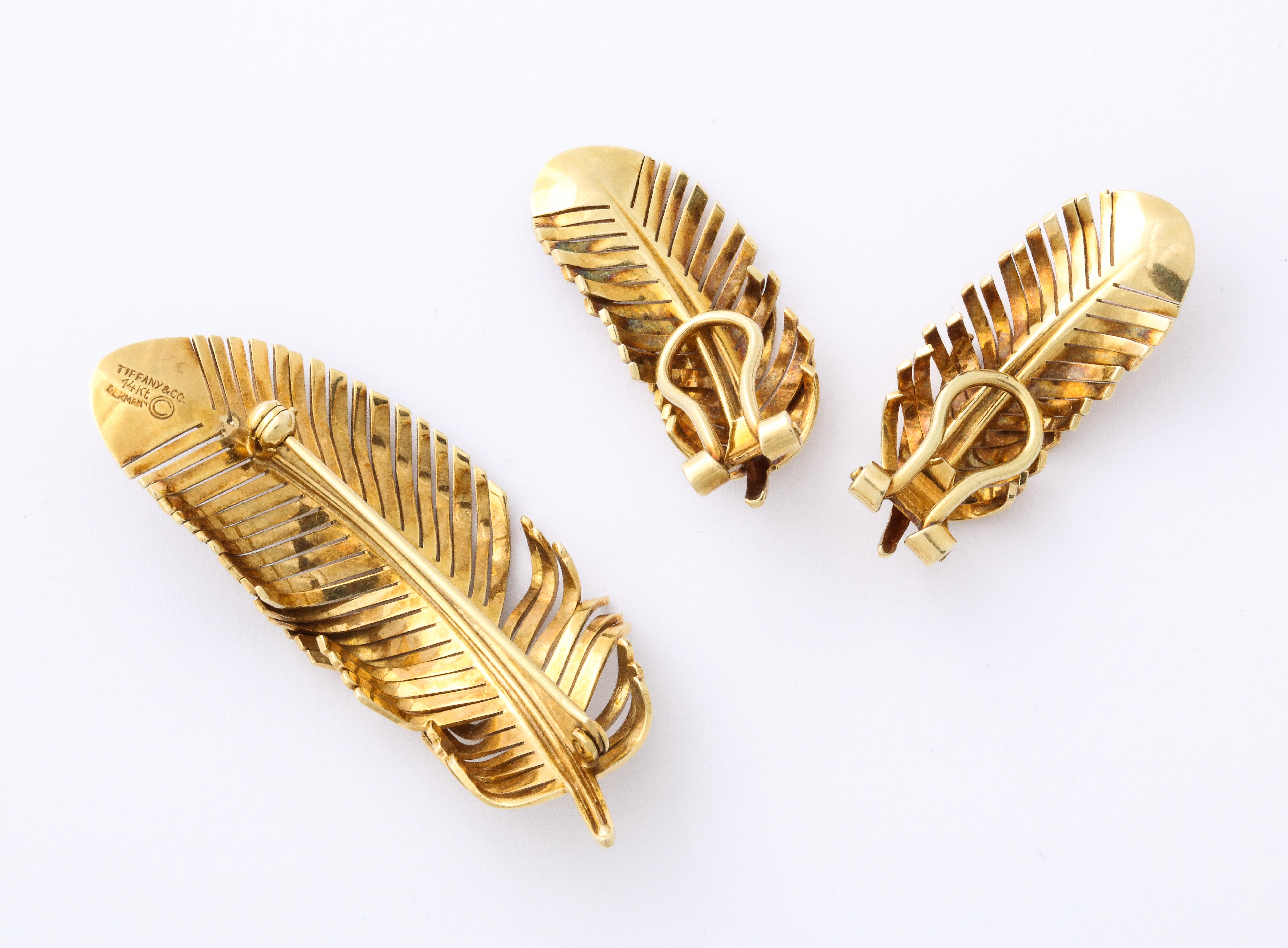 1960s Tiffany & Co. Gold Feather Ear Clips and Brooch 5