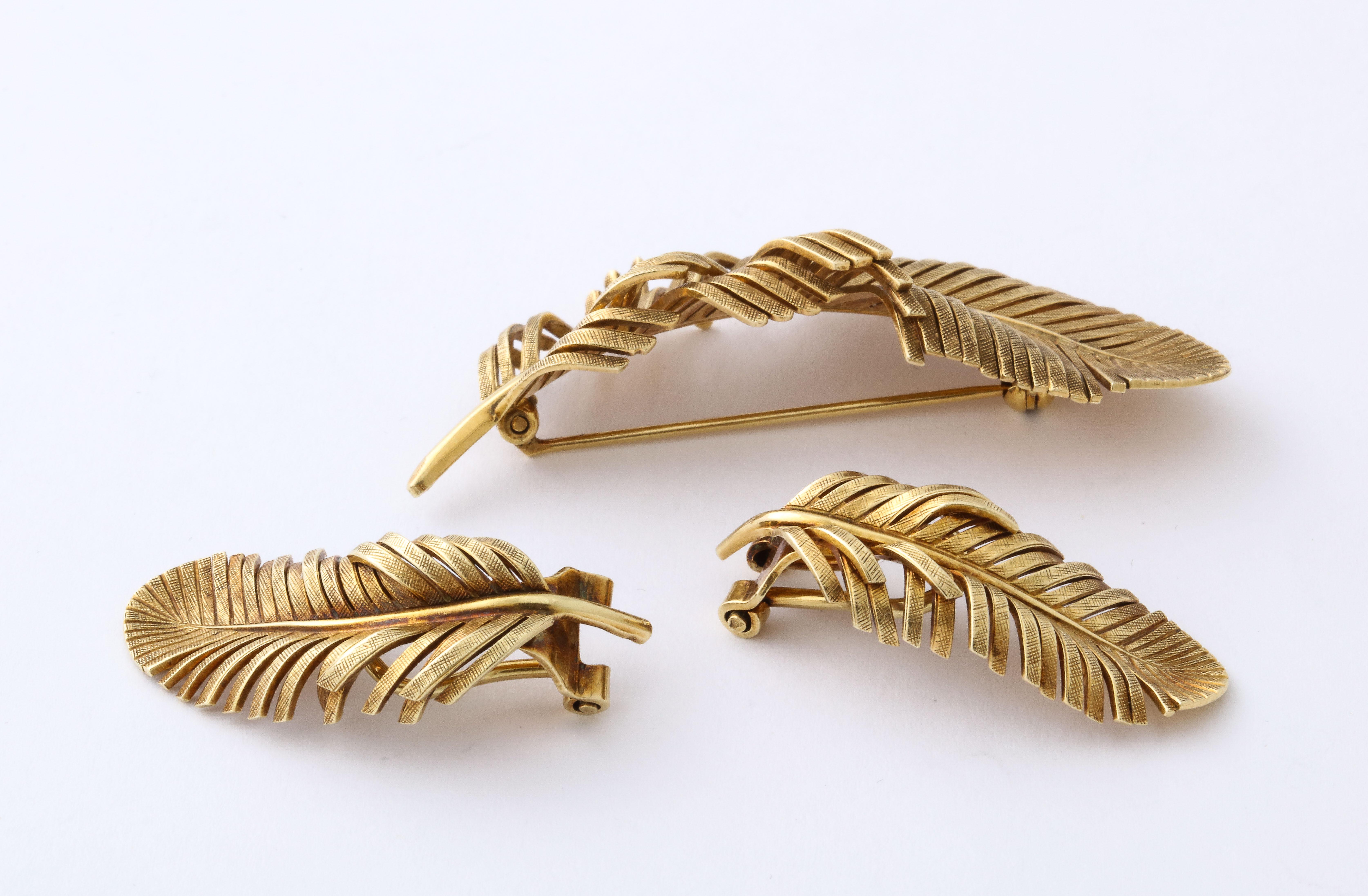 Women's 1960s Tiffany & Co. Gold Feather Ear Clips and Brooch