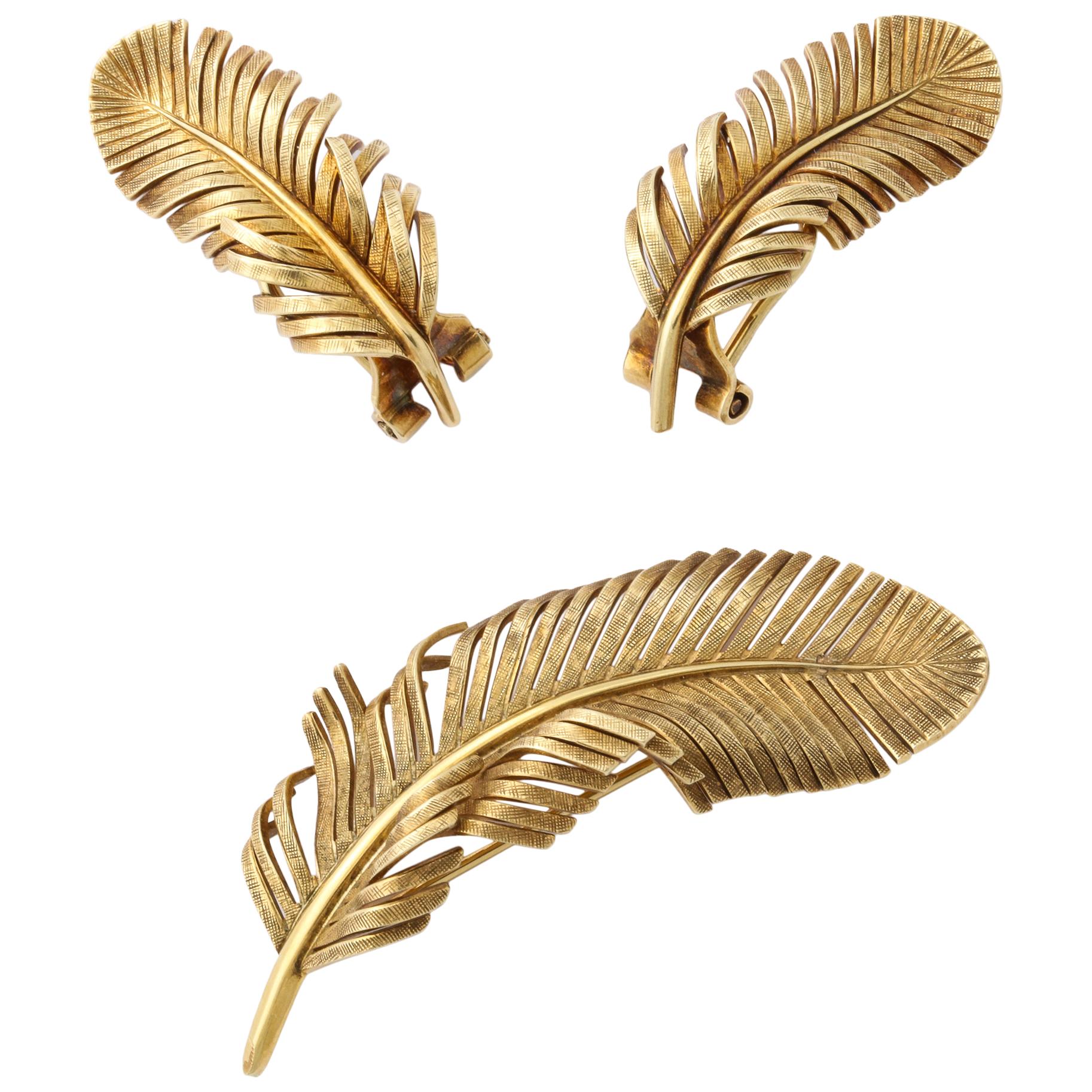 1960s Tiffany & Co. Gold Feather Ear Clips and Brooch