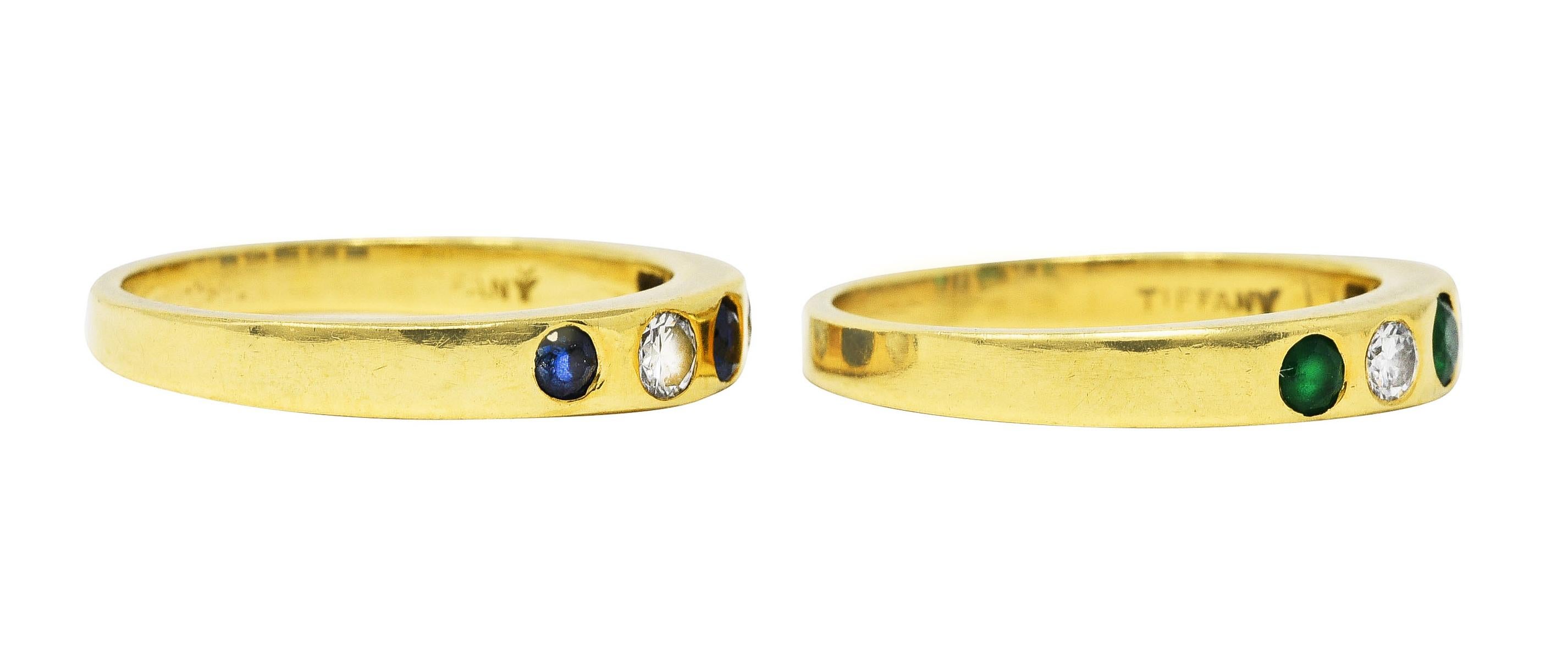 Contemporary 1960's Tiffany Emerald Sapphire Diamond 18 Karat Gold Stacking Band Rings
