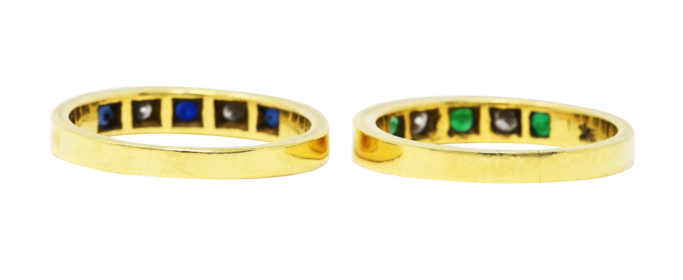 Round Cut 1960's Tiffany Emerald Sapphire Diamond 18 Karat Gold Stacking Band Rings