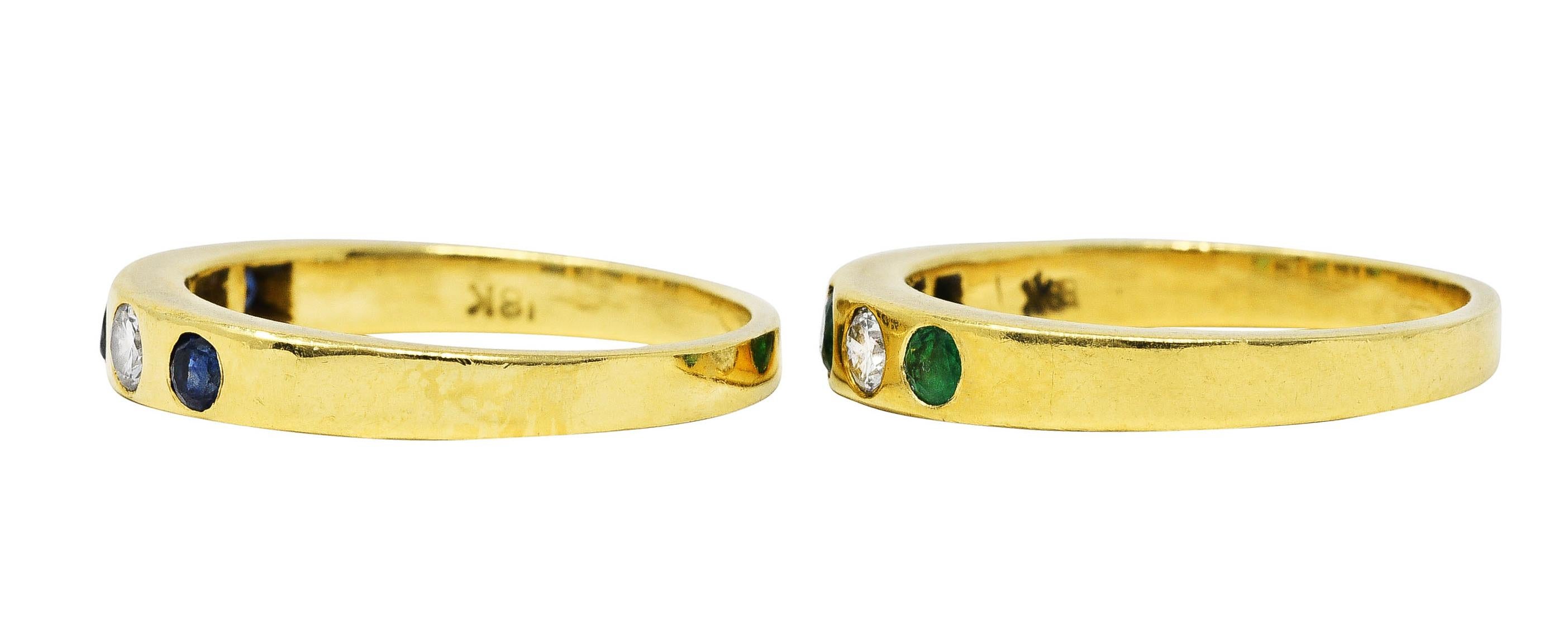 1960's Tiffany Emerald Sapphire Diamond 18 Karat Gold Stacking Band Rings In Excellent Condition In Philadelphia, PA
