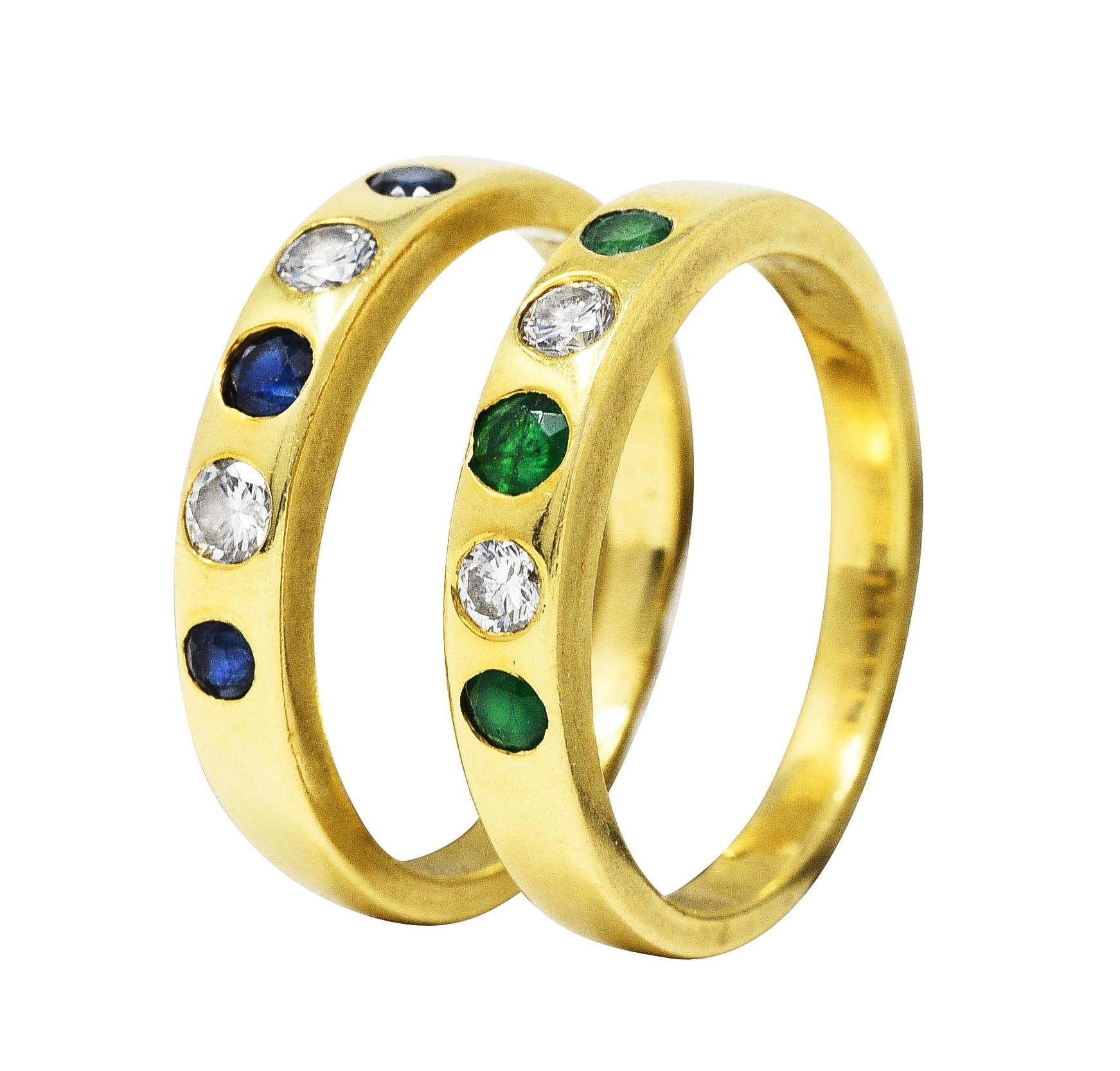 Women's or Men's 1960's Tiffany Emerald Sapphire Diamond 18 Karat Gold Stacking Band Rings