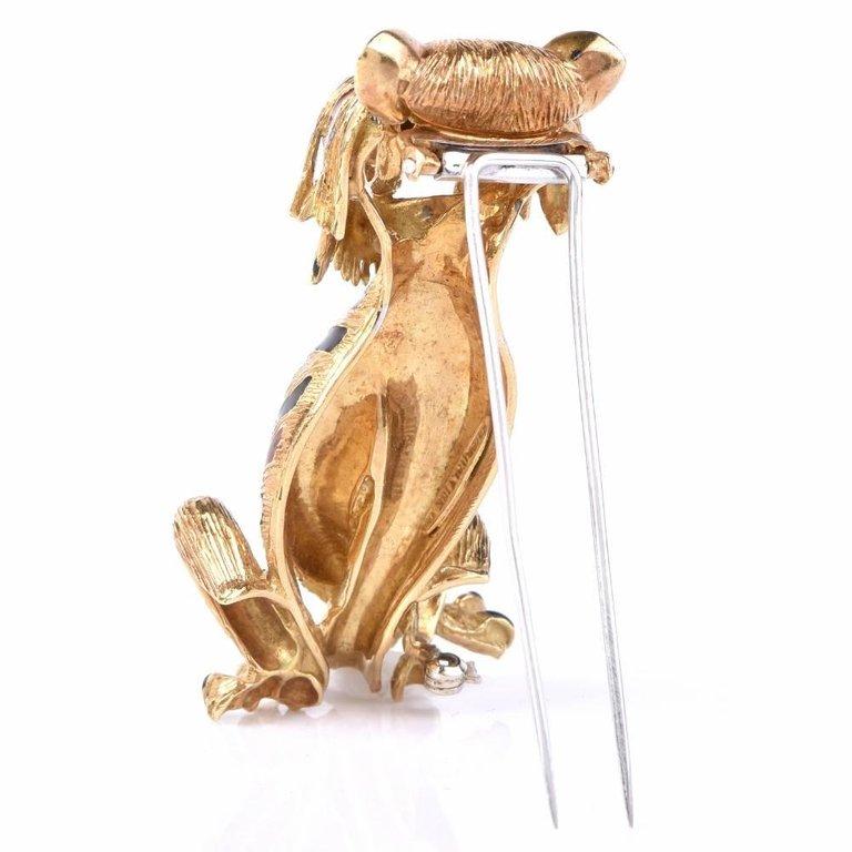 Women's or Men's 1960s Tiger Diamond Italian Enamel 18 Karat Yellow Gold Pin Brooch