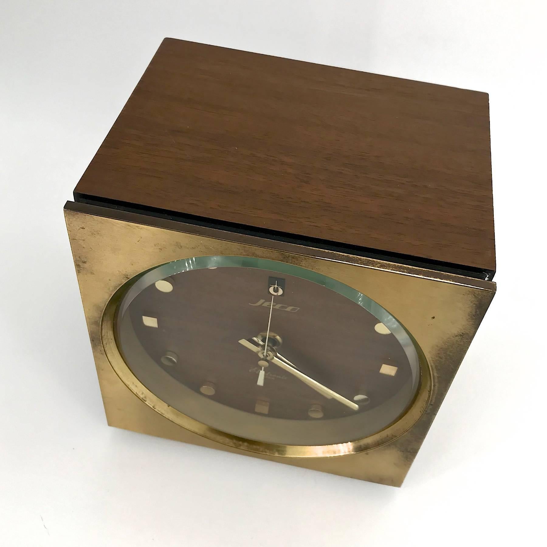 Mid-Century Modern 1960s Tiger Tenaka Japanese Table Clock in Walnut Glass Brass Vintage For Sale