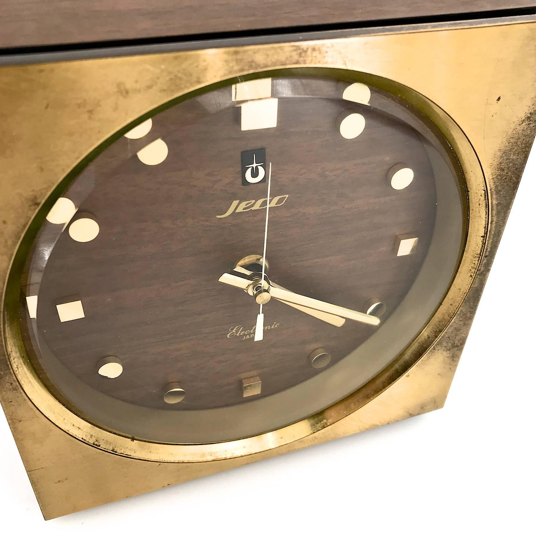 Machine-Made 1960s Tiger Tenaka Japanese Table Clock in Walnut Glass Brass Vintage For Sale