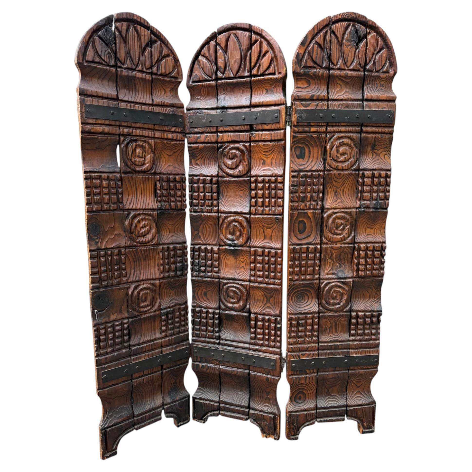 1960s Tiki Chateau Hand Carved Cedar Wood Screen or Room Divider by Witco For Sale