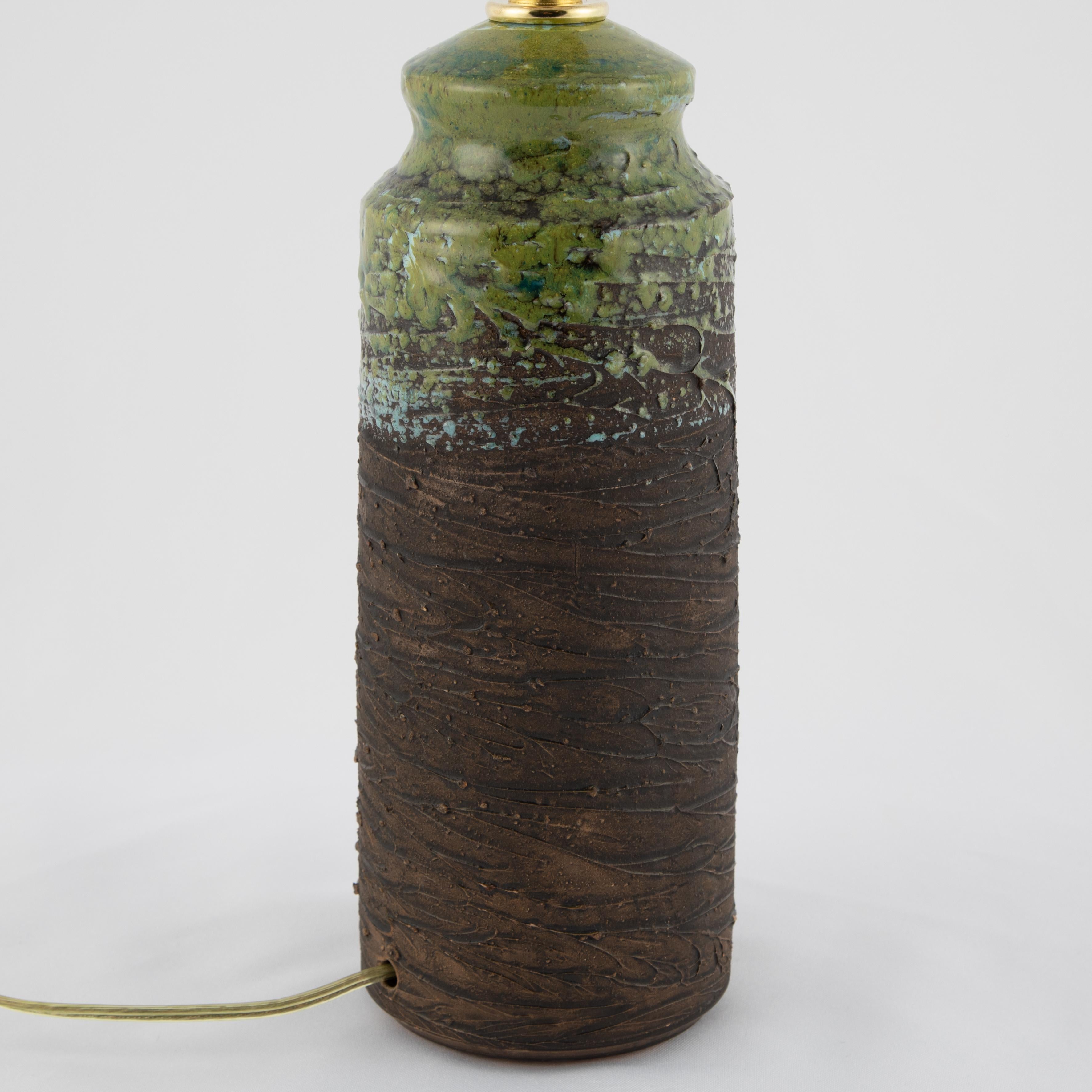 Swedish 1960s Tilgmans of Sweden Brown Stoneware Table Lamps with Green Glaze Accents For Sale