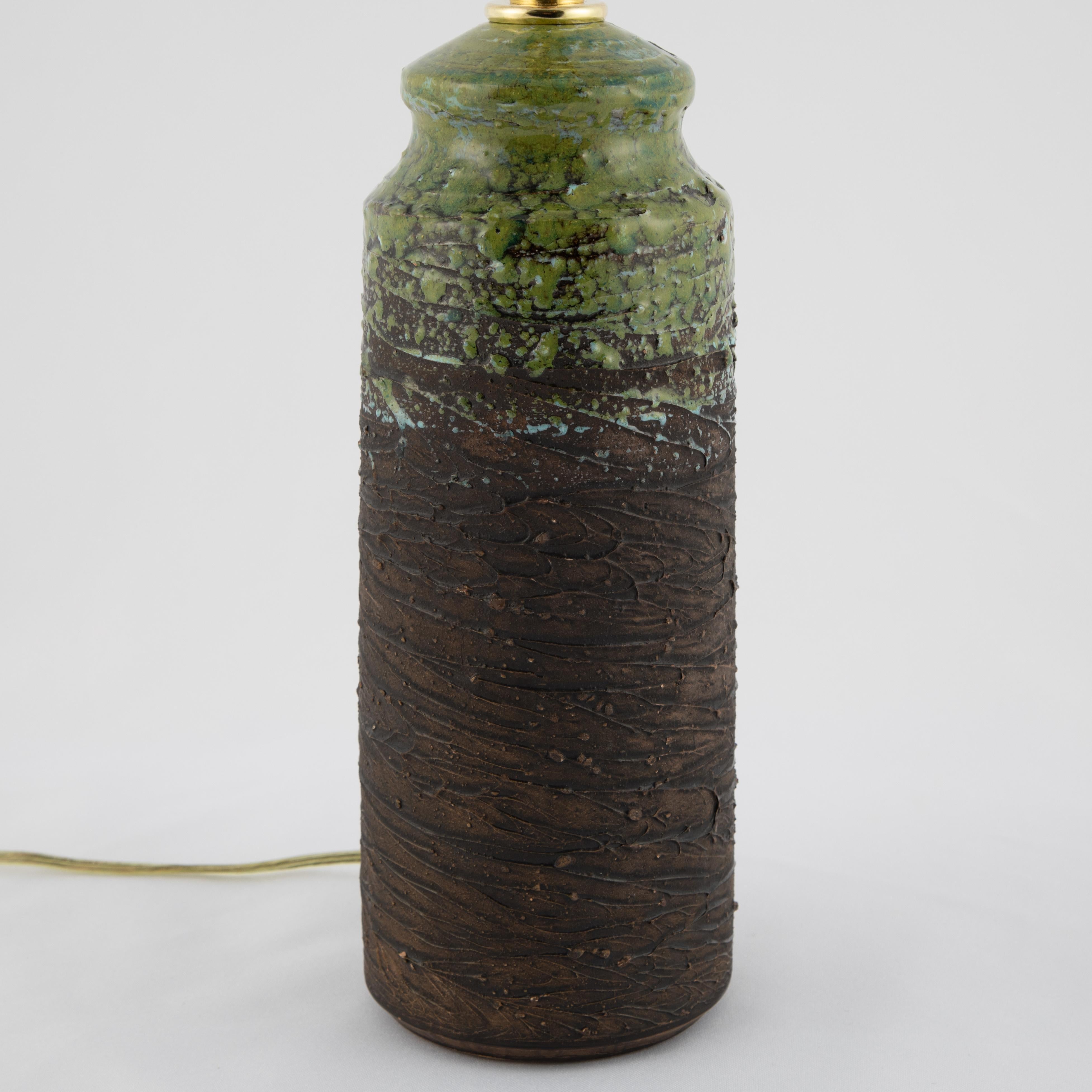 Glazed 1960s Tilgmans of Sweden Brown Stoneware Table Lamps with Green Glaze Accents For Sale