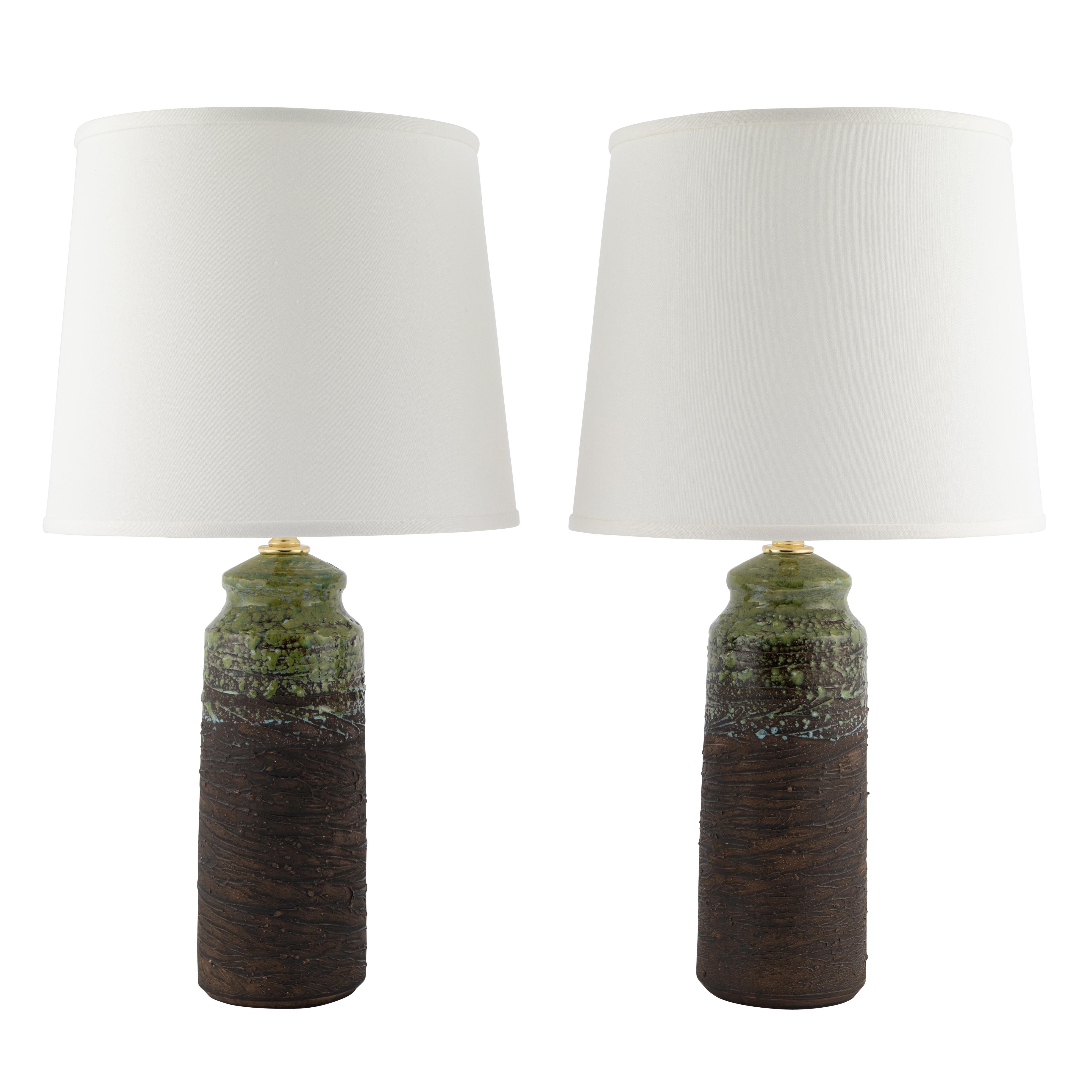1960s Tilgmans of Sweden Brown Stoneware Table Lamps with Green Glaze Accents For Sale