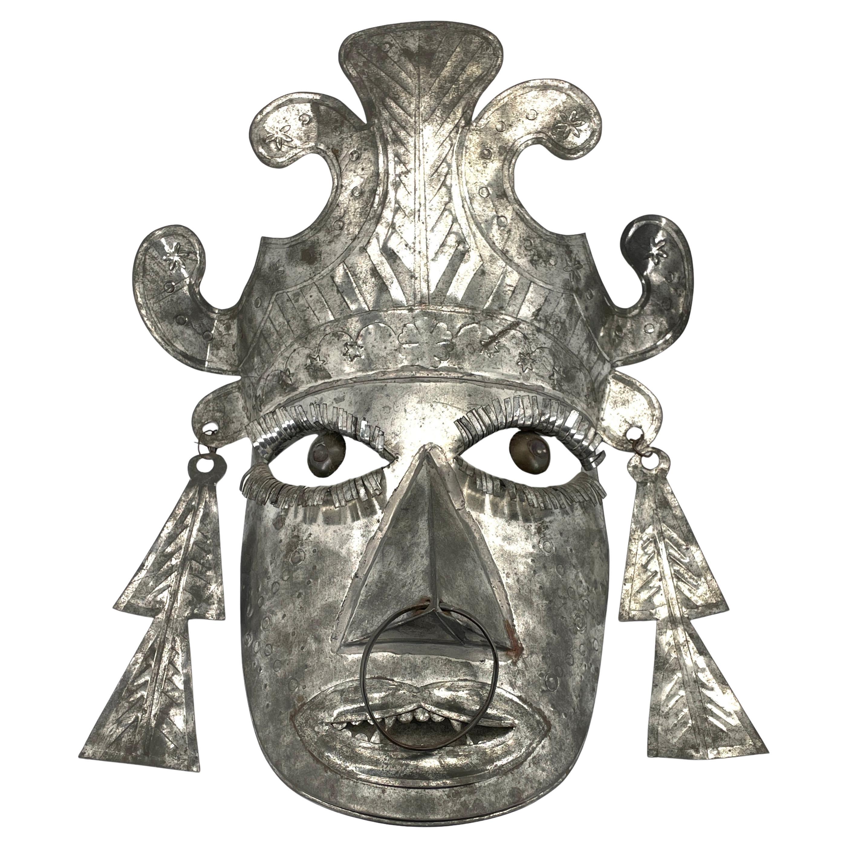 1960s Tin Mexican Folk Art Mask Vintage Mid-Century Face w/ Nose Ring