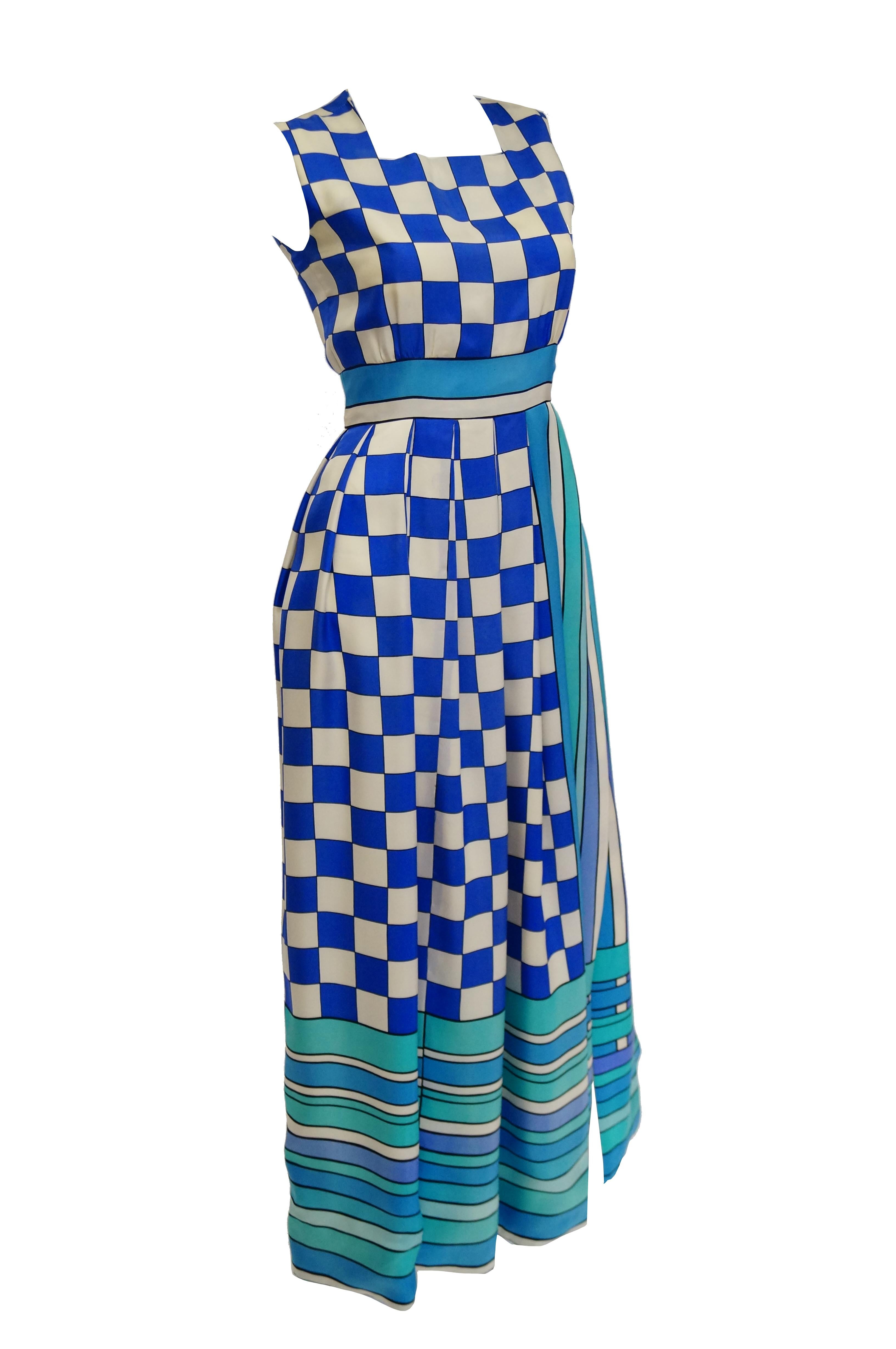 1960s Tina Leser Blue Checkerboard Print Dress with Graphic Blue Hem In Excellent Condition For Sale In Houston, TX