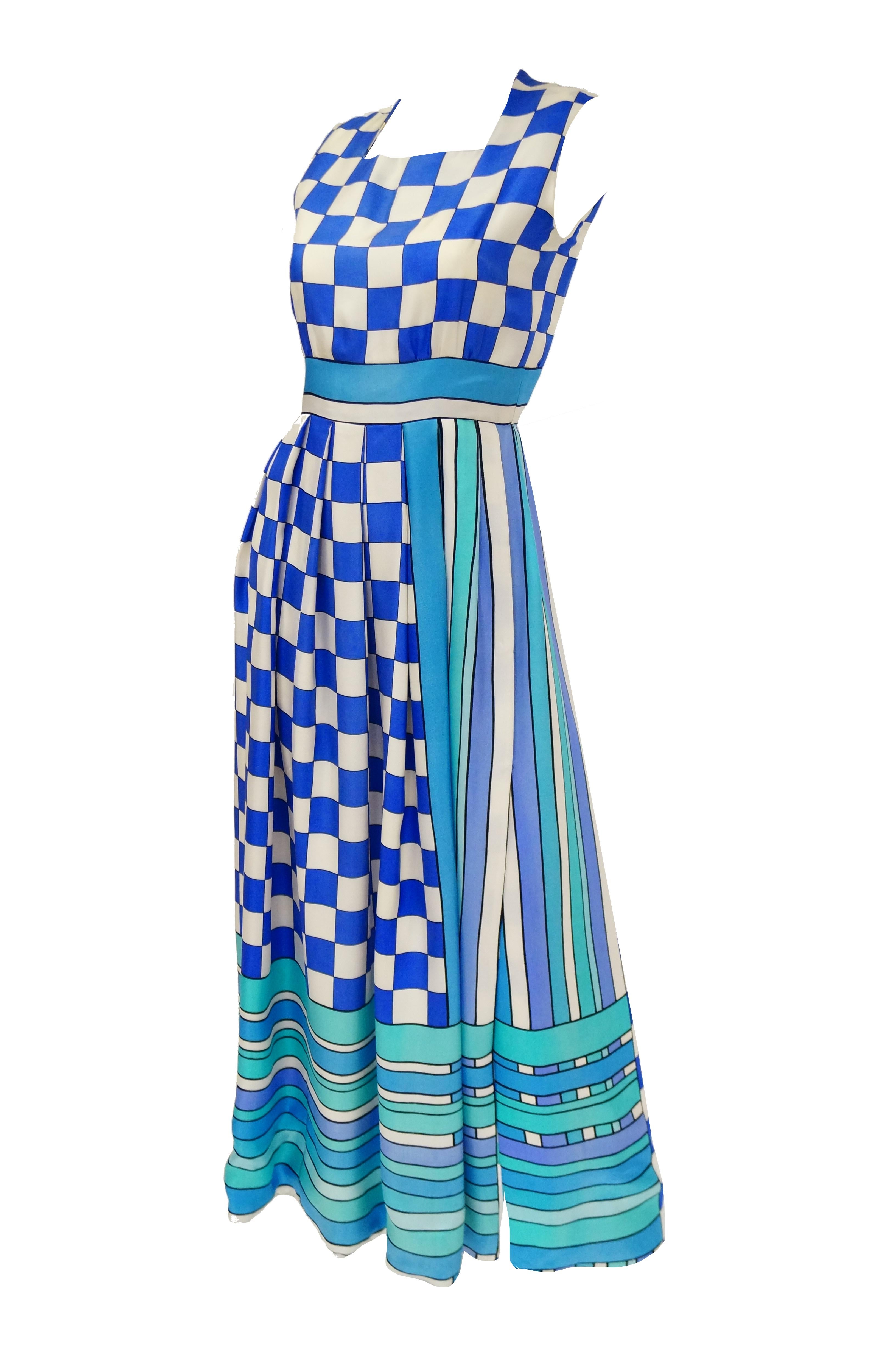 Women's 1960s Tina Leser Blue Checkerboard Print Dress with Graphic Blue Hem For Sale