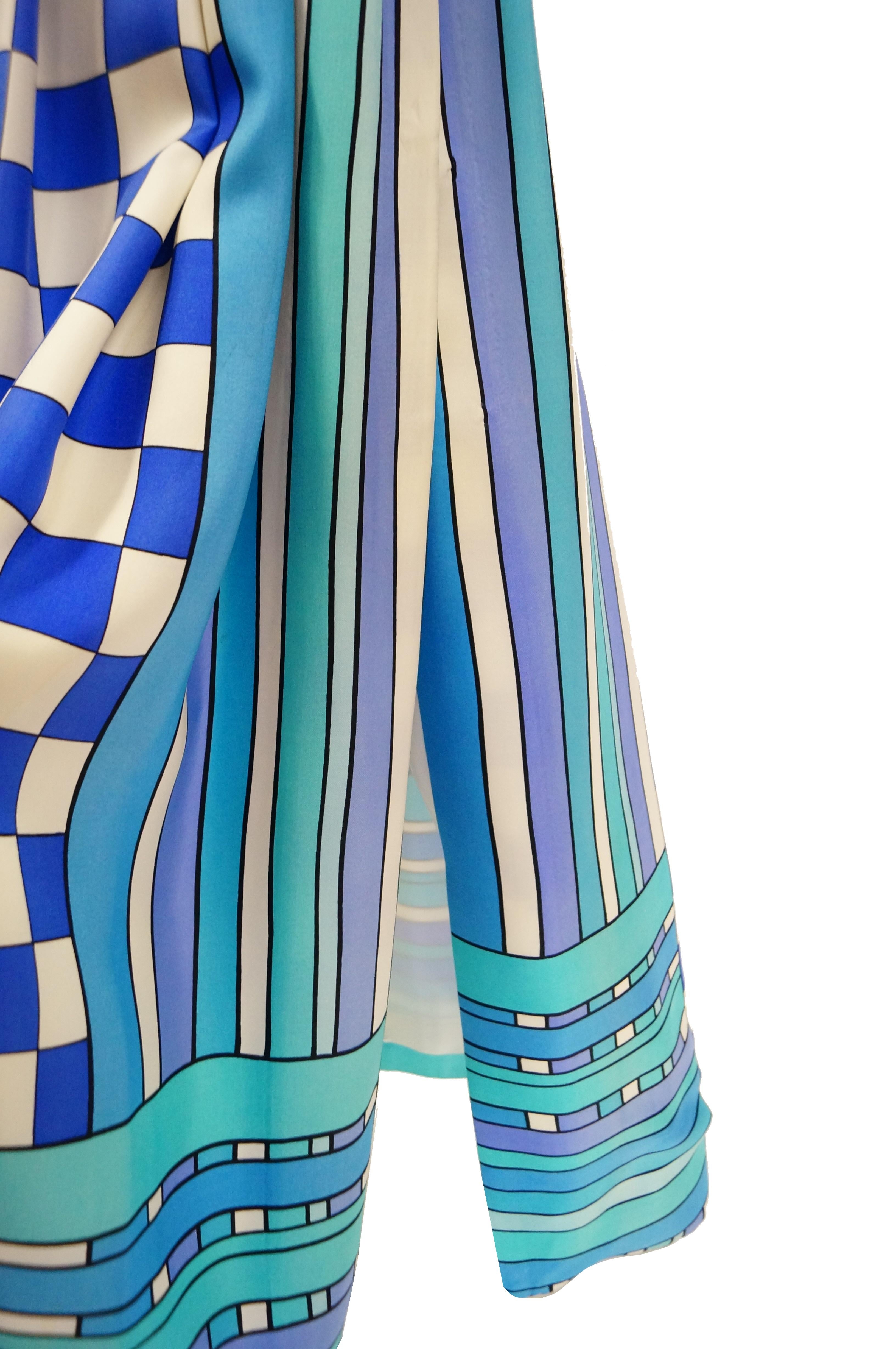 1960s Tina Leser Blue Checkerboard Print Dress with Graphic Blue Hem For Sale 1