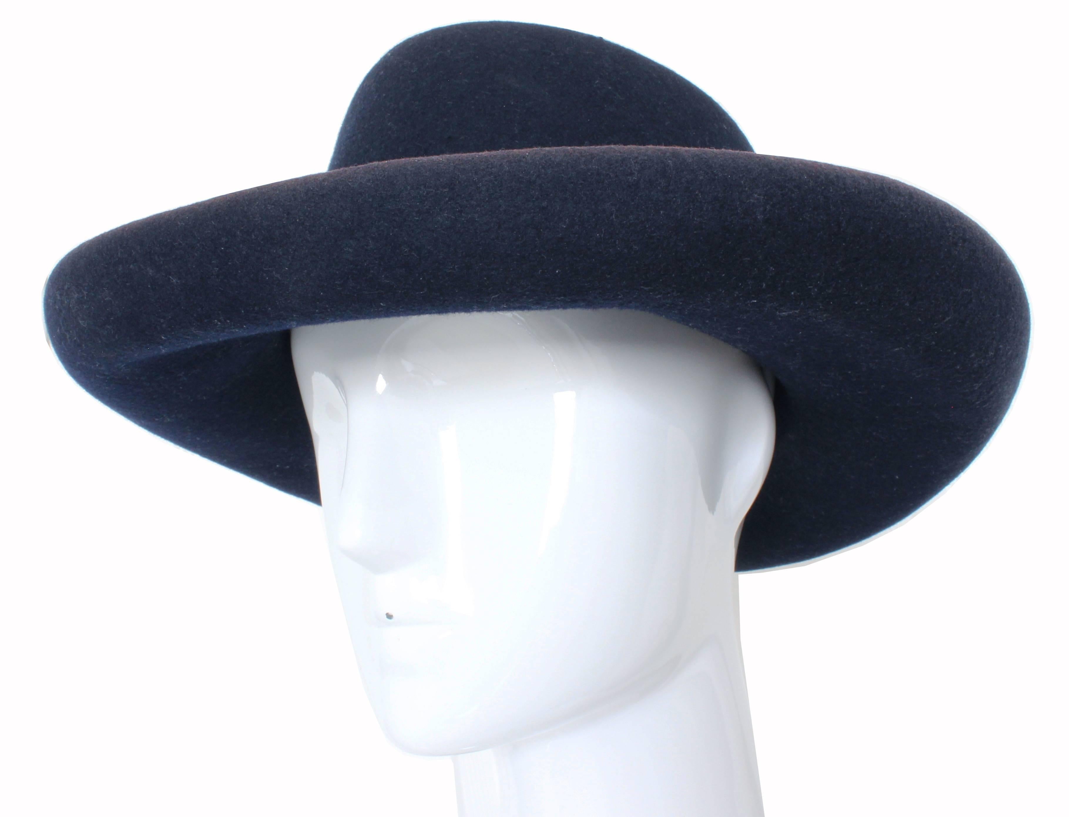 Black 1960s Tina Too Bollman Hat Navy Wool Doeskin Felt Wide Brim Vintage US 7 22in