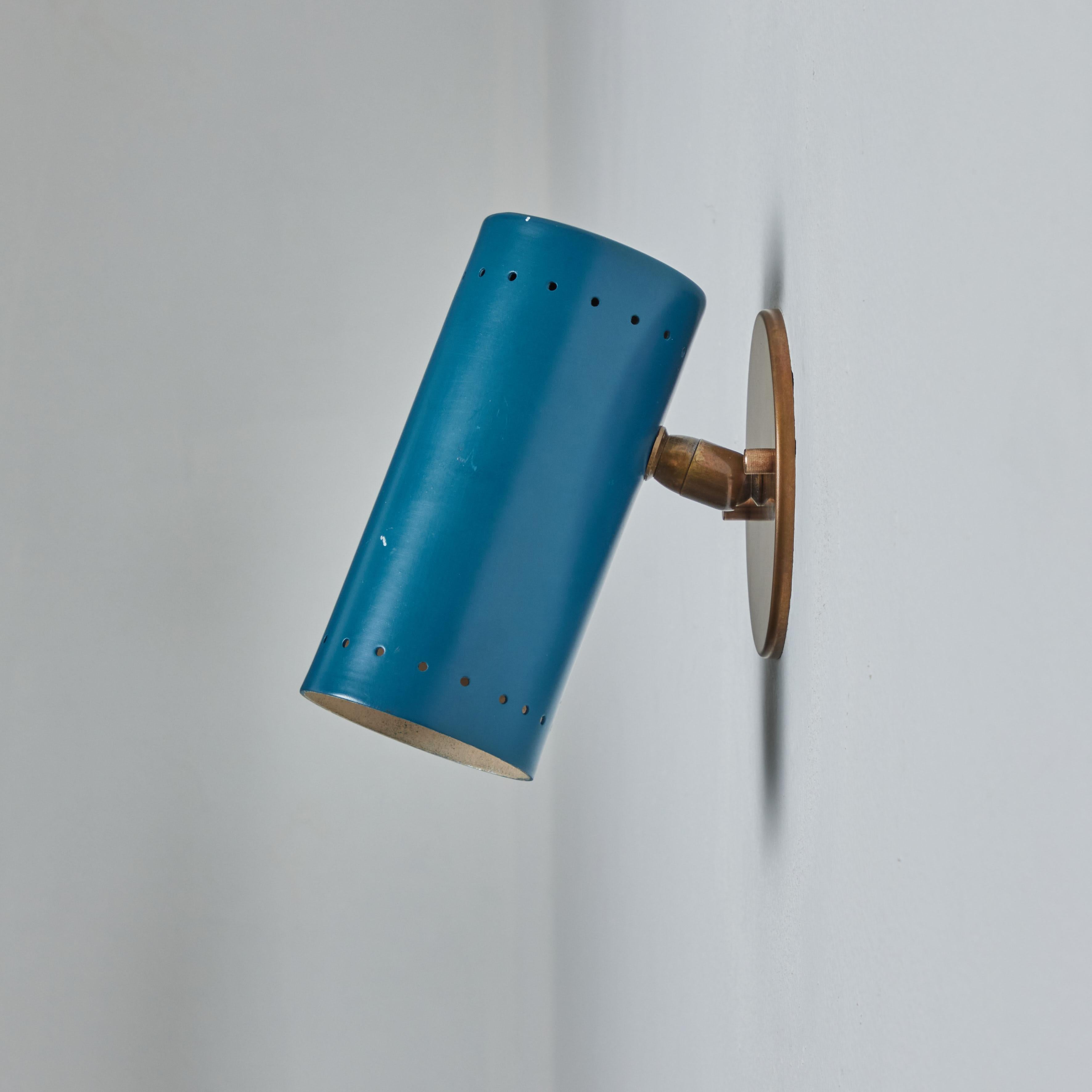 Italian 1960s Tito Agnoli Blue Perforated Metal and Brass Articulating Sconce for O-Luce For Sale