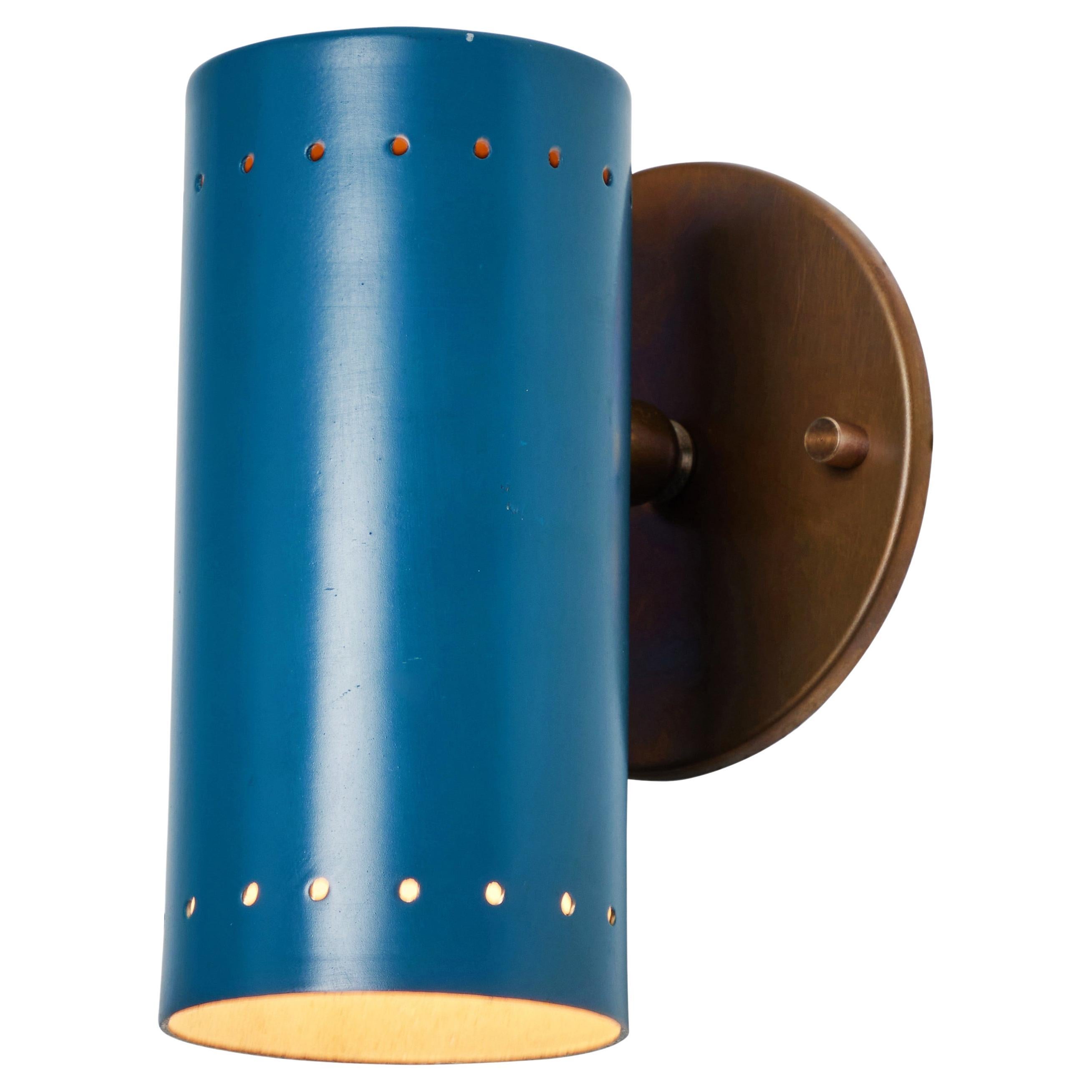 1960s Tito Agnoli Blue Perforated Metal and Brass Articulating Sconce for O-Luce For Sale
