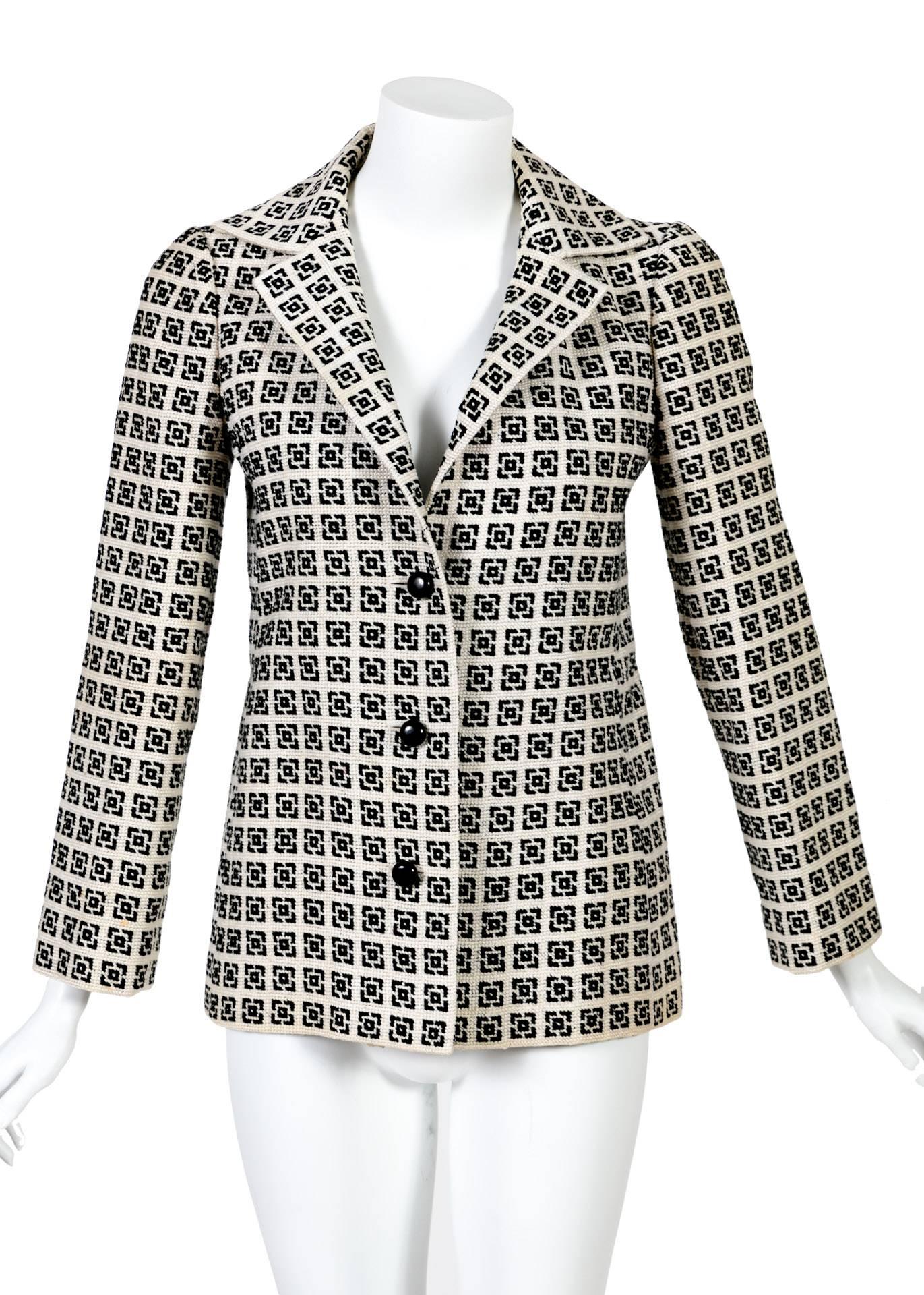 Remarkably, Karl Lagerfeld has not always been renowned. His early work for Italian label Tiziani Roma portends his legendary design career as exampled by this mod jacket. A skillful blend of op-art and handcraft, one can easily imagine this 1960s