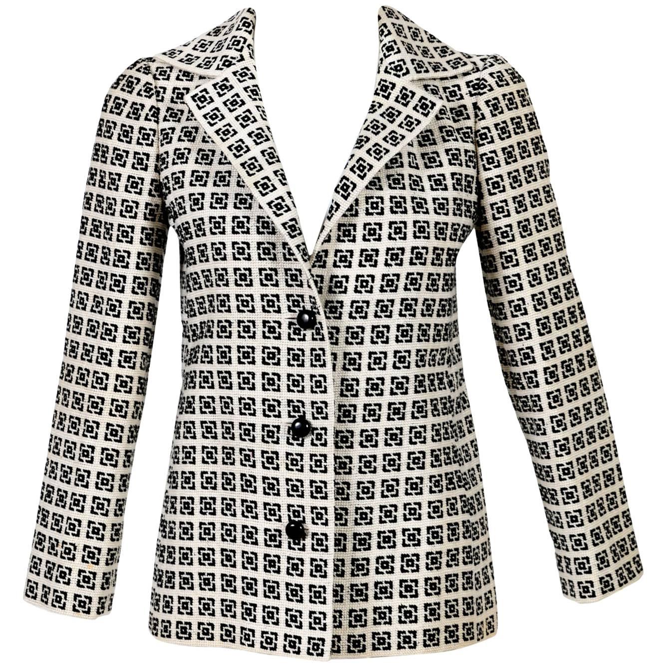 1960s Tiziani Couture by Karl Lagerfeld Black and Ivory Needlepoint Mod Jacket For Sale