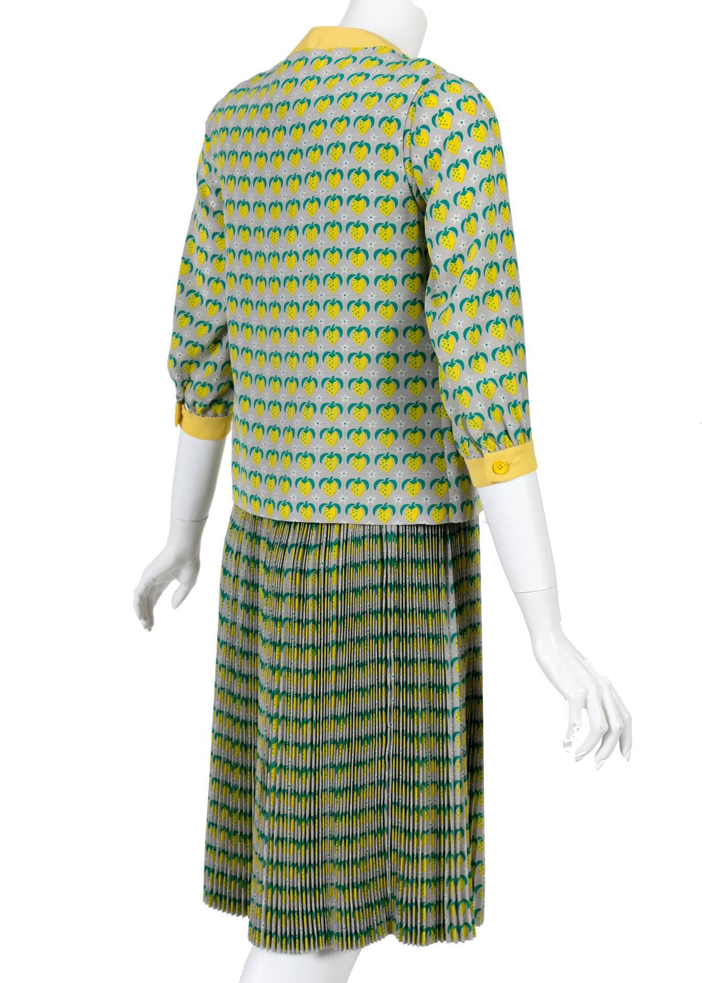 Brown 1960s Tiziani Couture by Karl Lagerfeld Lemon Silk Print Dress and Vest Set