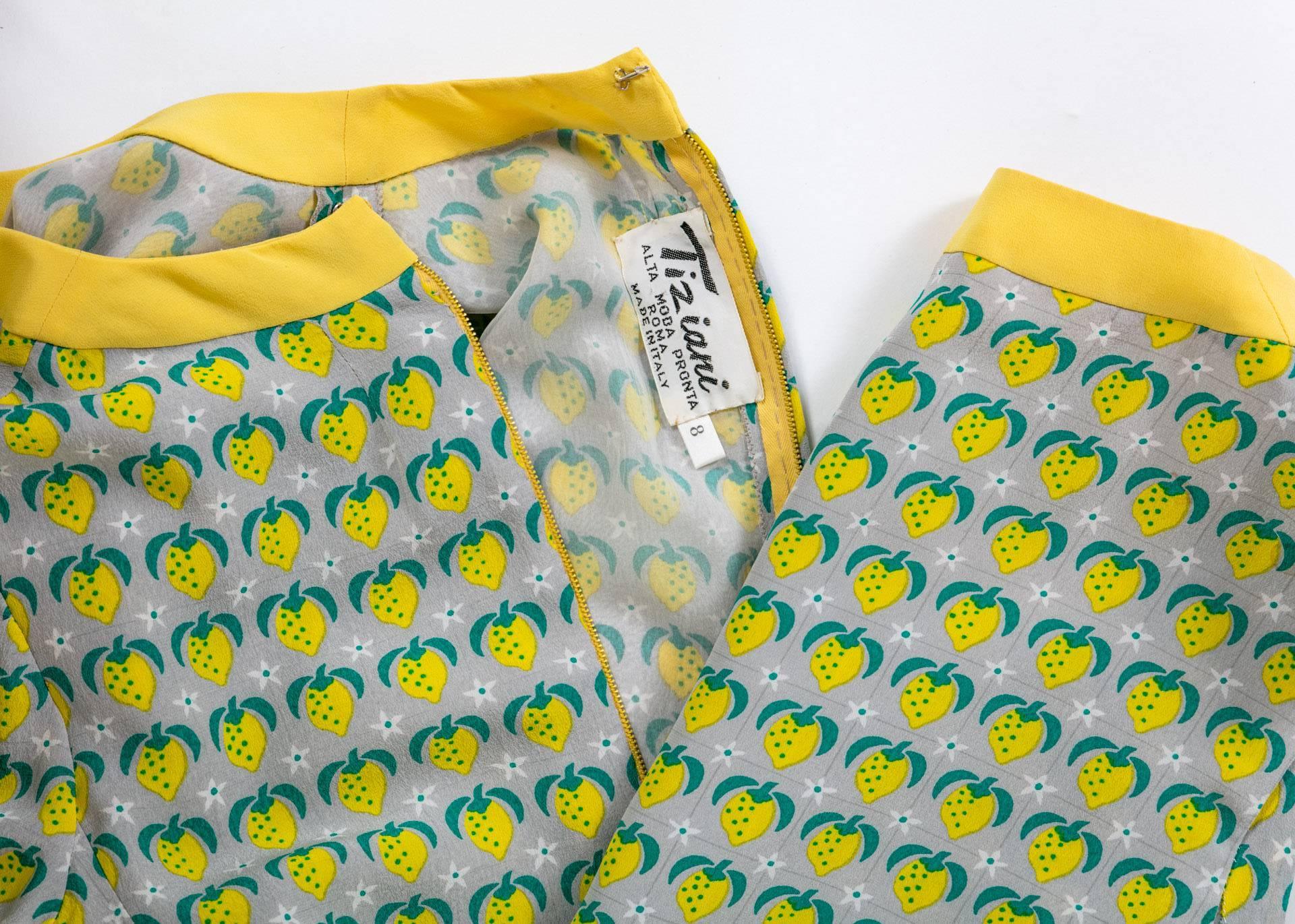 1960s Tiziani Couture by Karl Lagerfeld Lemon Silk Print Dress and Vest Set 1