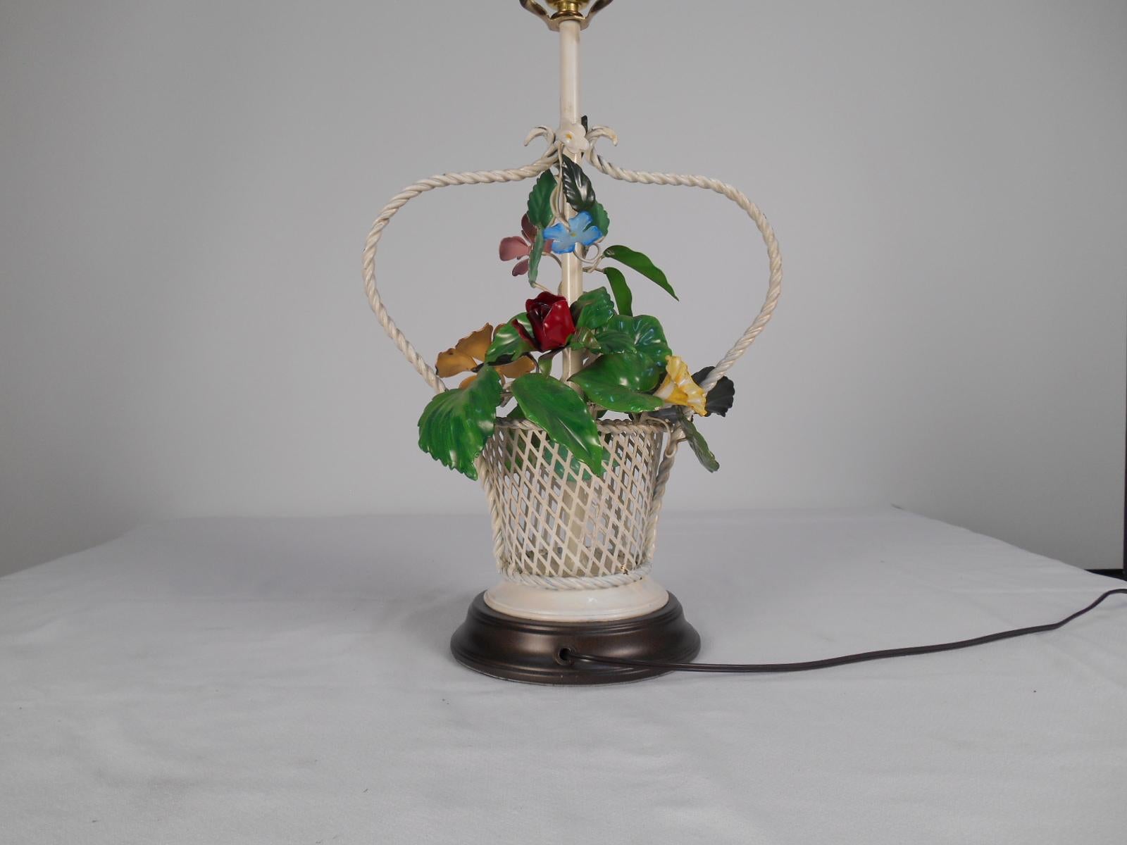 Polychromed 1960s Tole Floral Basket Table Lamp For Sale
