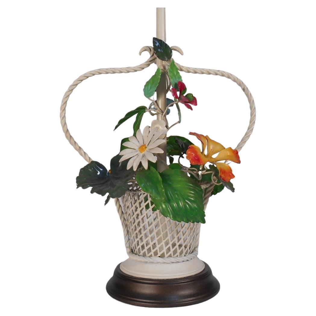 Lampe de table à panier floral Tole des années 1960