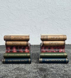 1960s Tole Metal Painted Stacked Books Nightstands End Tables, Set of 2