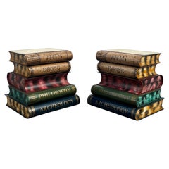1960s Tole Metal Painted Stacked Books Nightstands End Tables, Set of 2