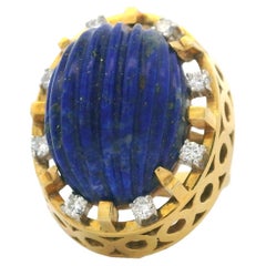 1960s Toliro Fluted Lapis Lazuli and Diamond 18K Gold Dome Cocktail Ring