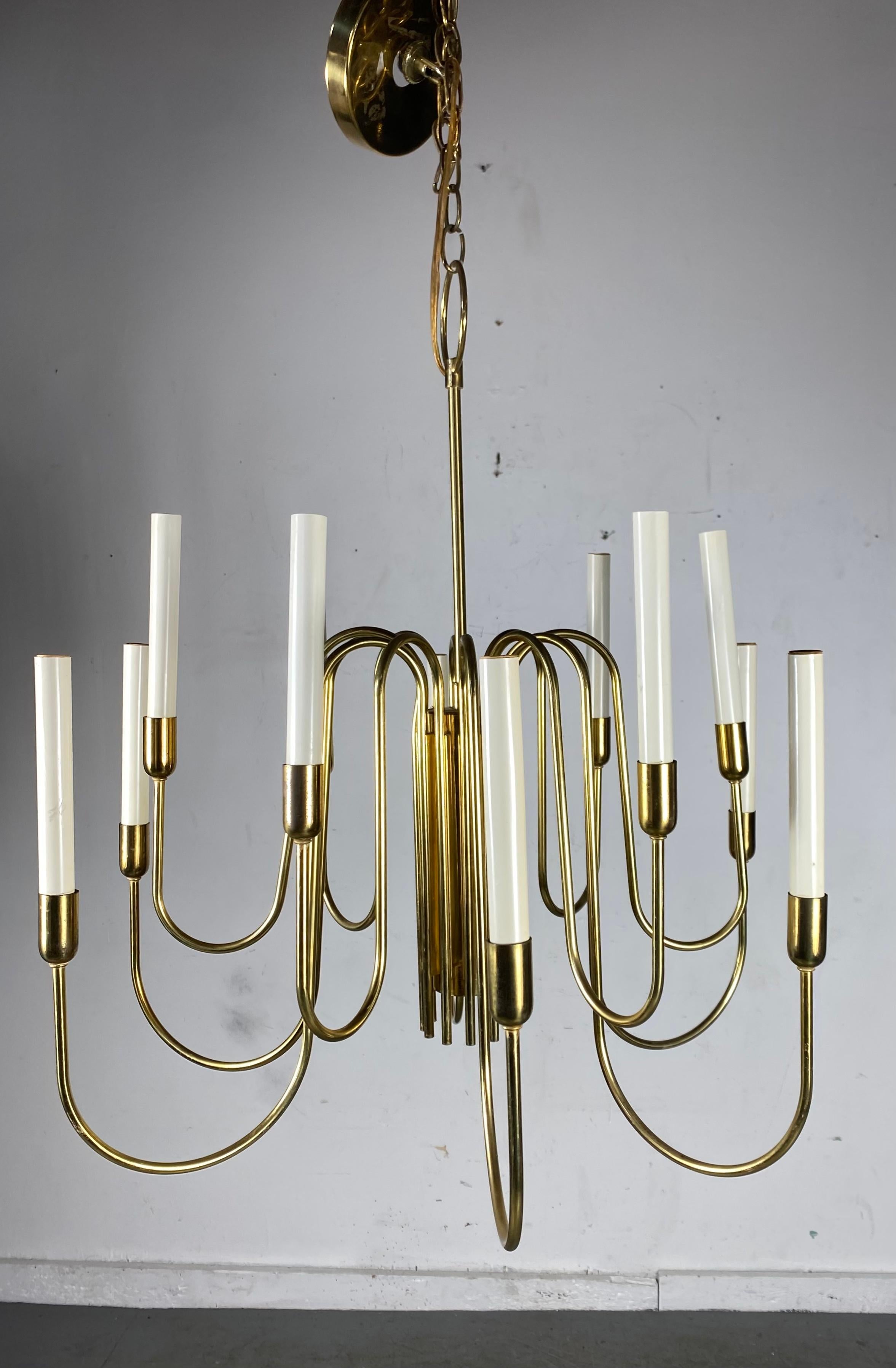 American 1960s Tommi Parzinger Style Brass Chandelier by Lightolier, , Classic Modernist For Sale
