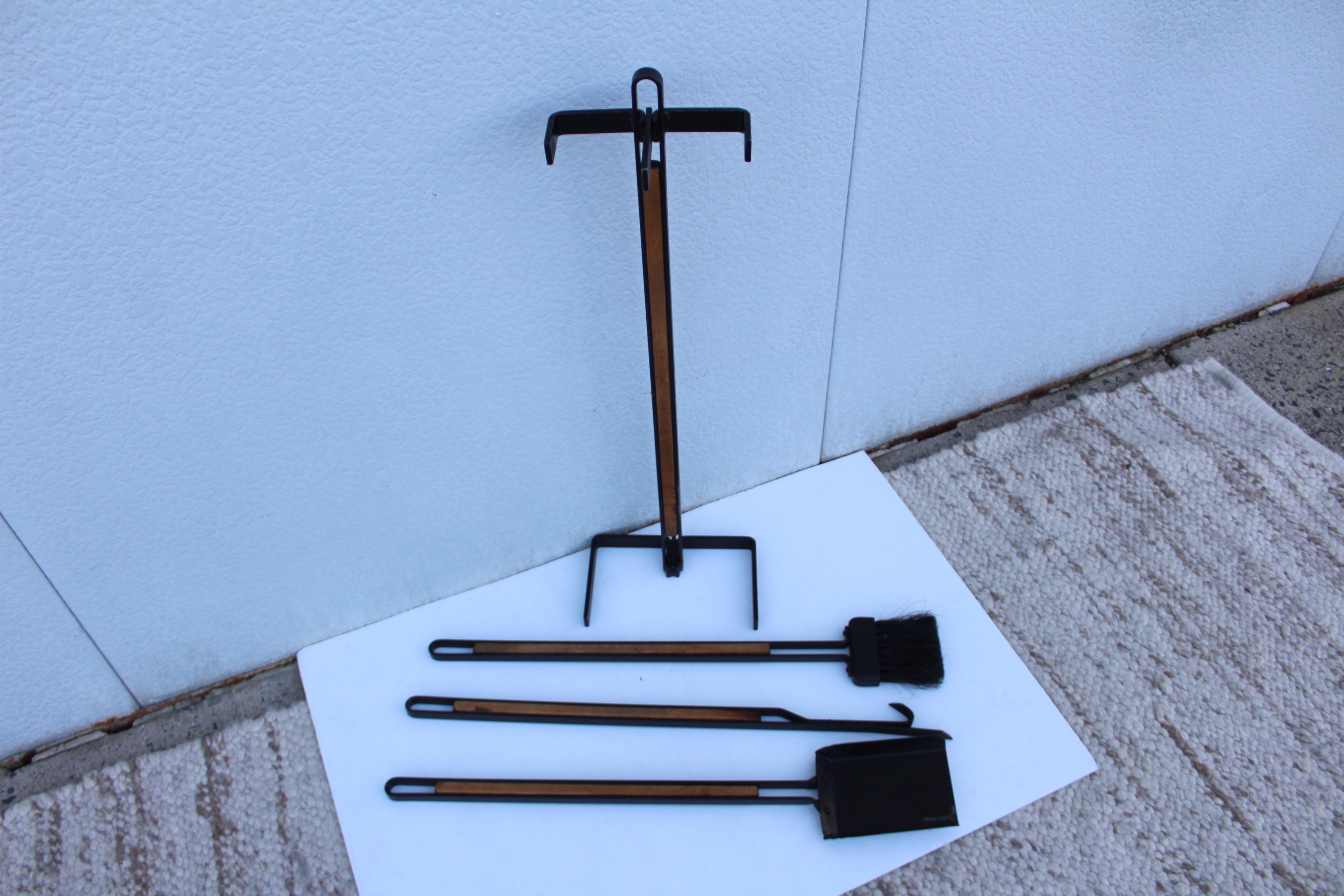 1960s Tony Paul Attributed Oak and Iron Fireplace Tools 6